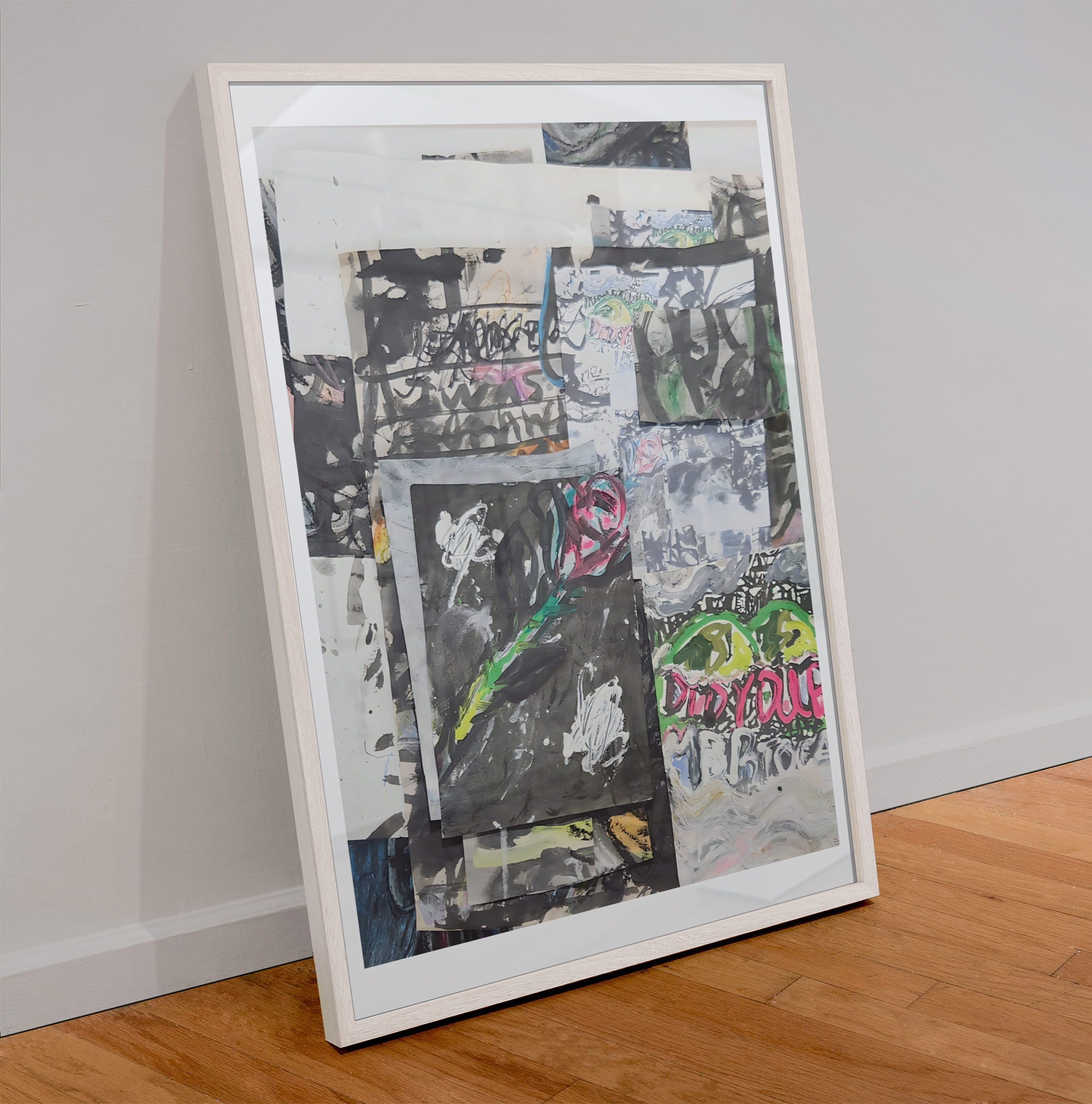Flower V.2, 2023, India ink, gouache, acrylic, oil pastel, pencil, pencil crayon, marker, crayon, inkjet on paper, 23.5"x 36" (mockup)