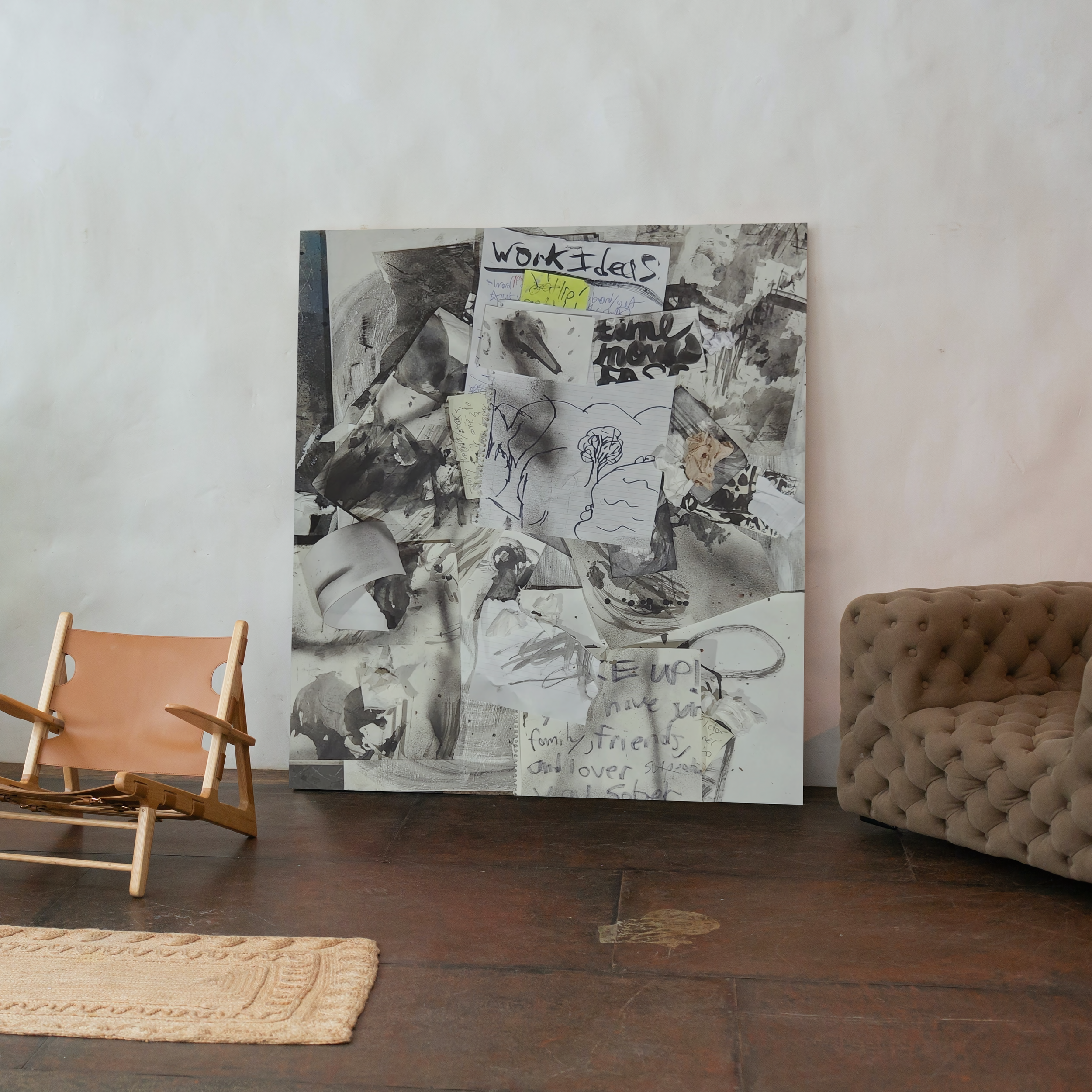 Elephants Foot, 2023, India ink, spray paint, sharpie, pen, pencil, inkjet, paper on canvas, 5'x 5' (mockup)