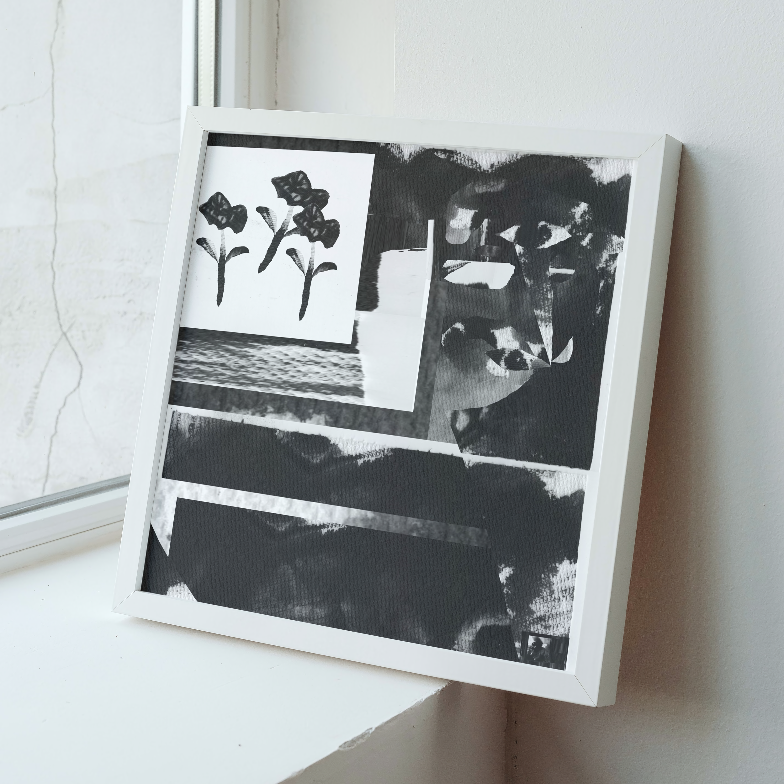 Echoes, 2023, inkjet, India ink, paper towel on paper, 8"x 8" (mockup)