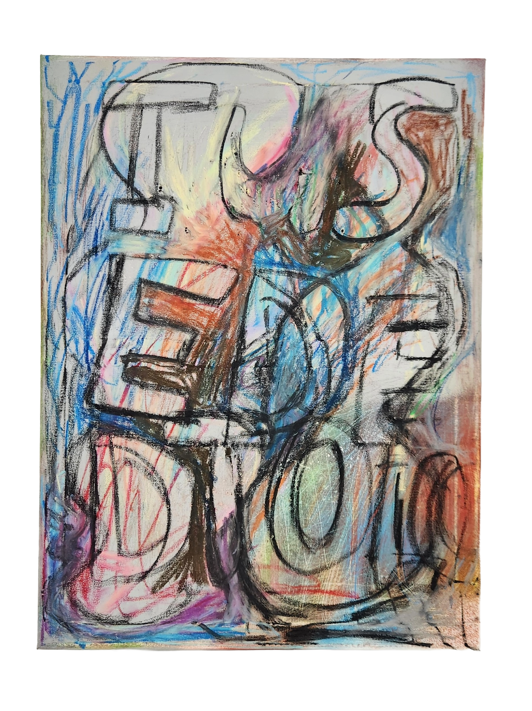 I used to, 2023, oil pastel, spray paint, crayon, pencil crayon on canvas, 20"x 23.5" 