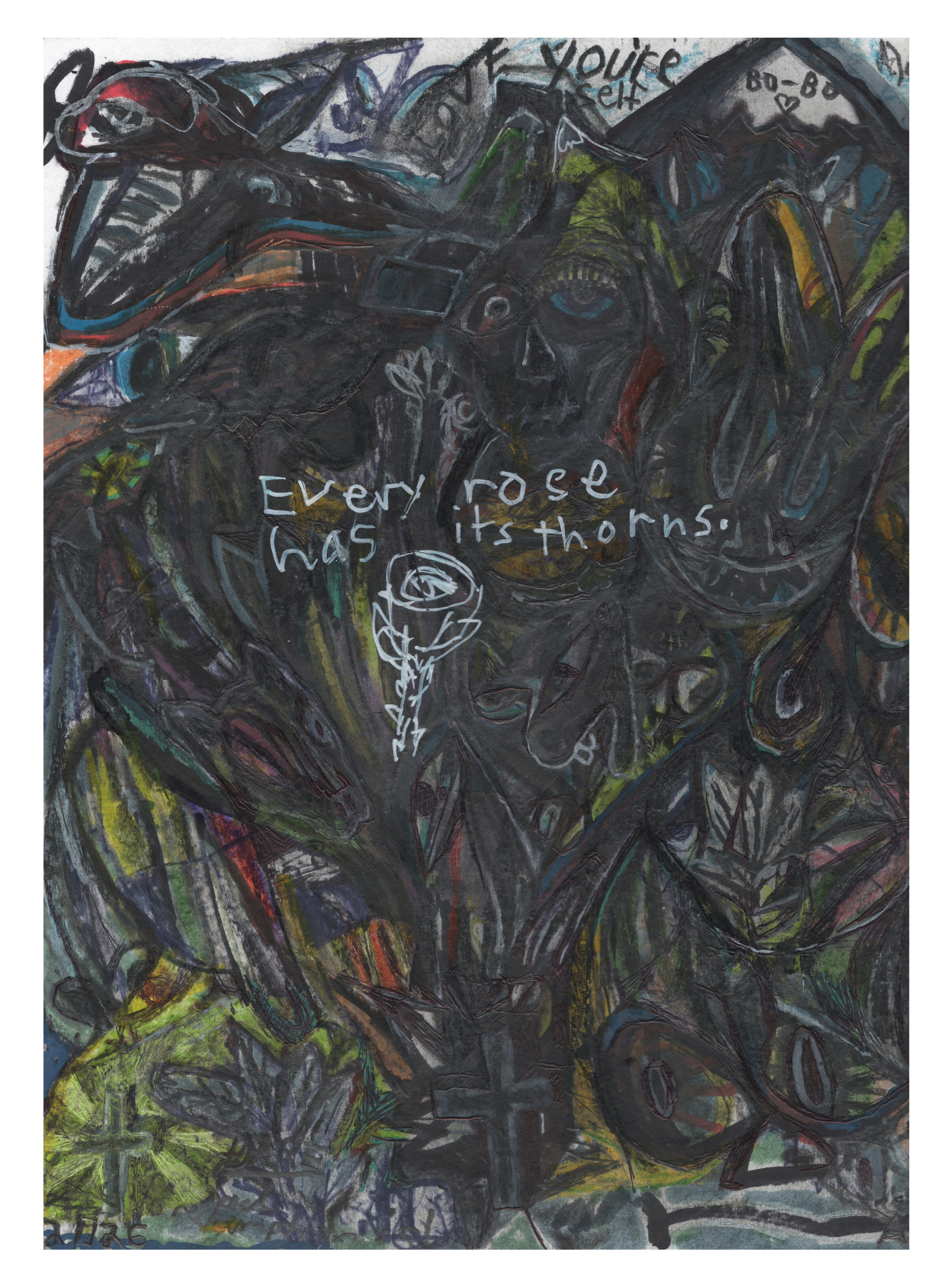 Every rose has its thorns, 2026, mixed media on paper, 8.5"x 11" (NFS)