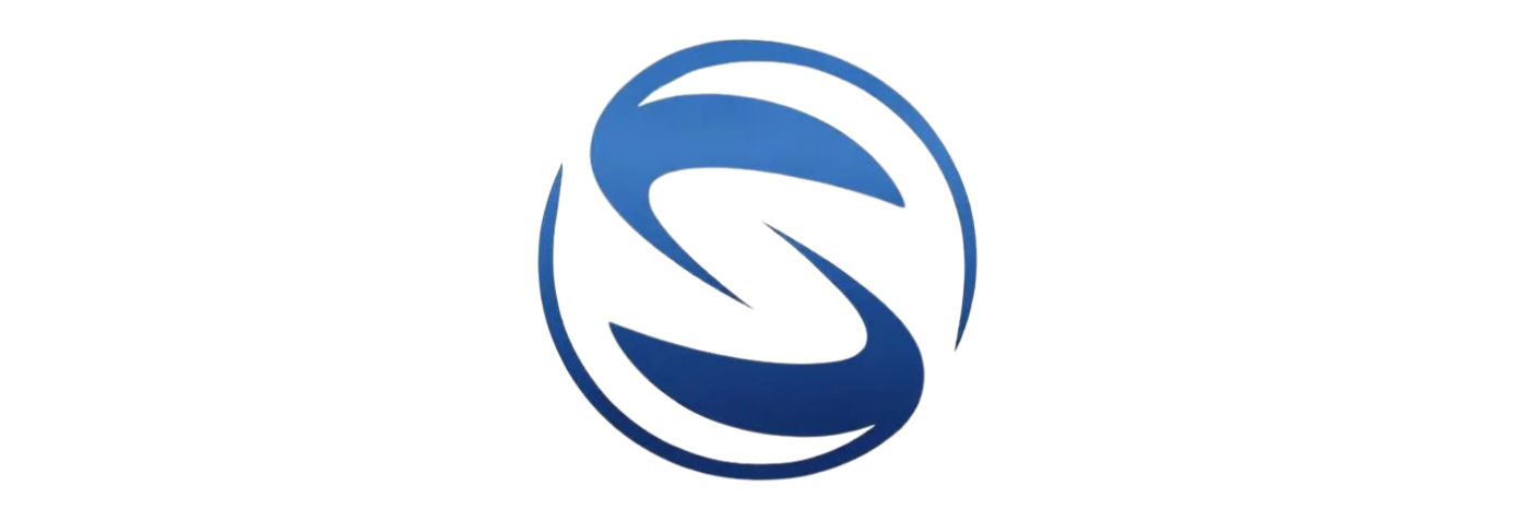 3D blue 'S' logo standing on a base with a blurred background.