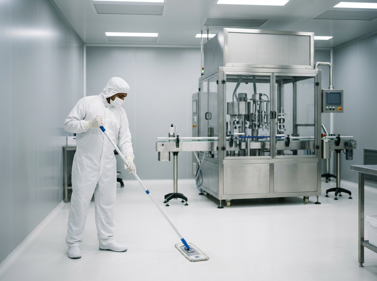 A person in a white protective suit and face mask cleaning the floor with a mop in a sterile laboratory or manufacturing facility.