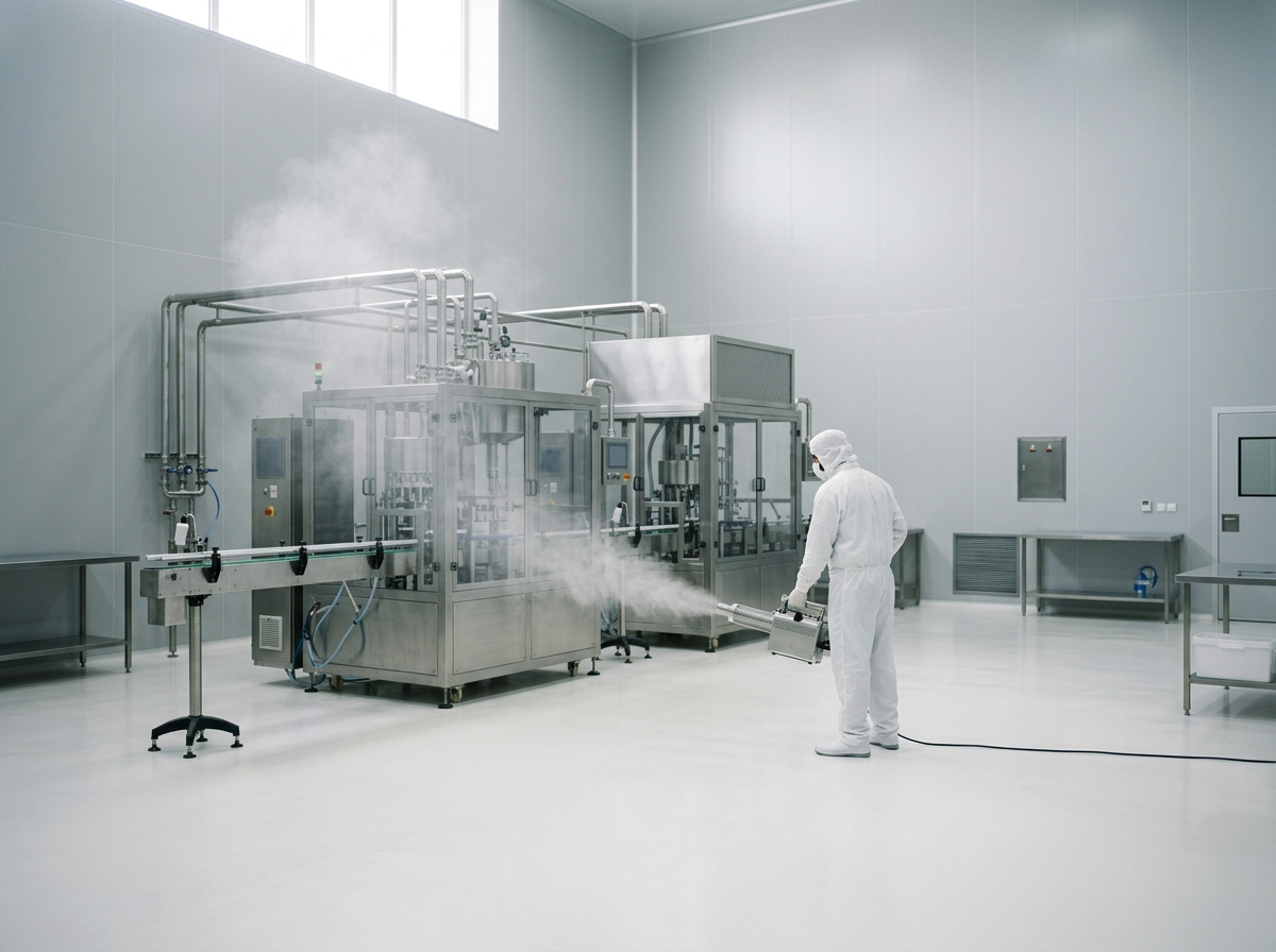 A person dressed in white protective clothing disinfects a manufacturing machine in a cleanroom environment.