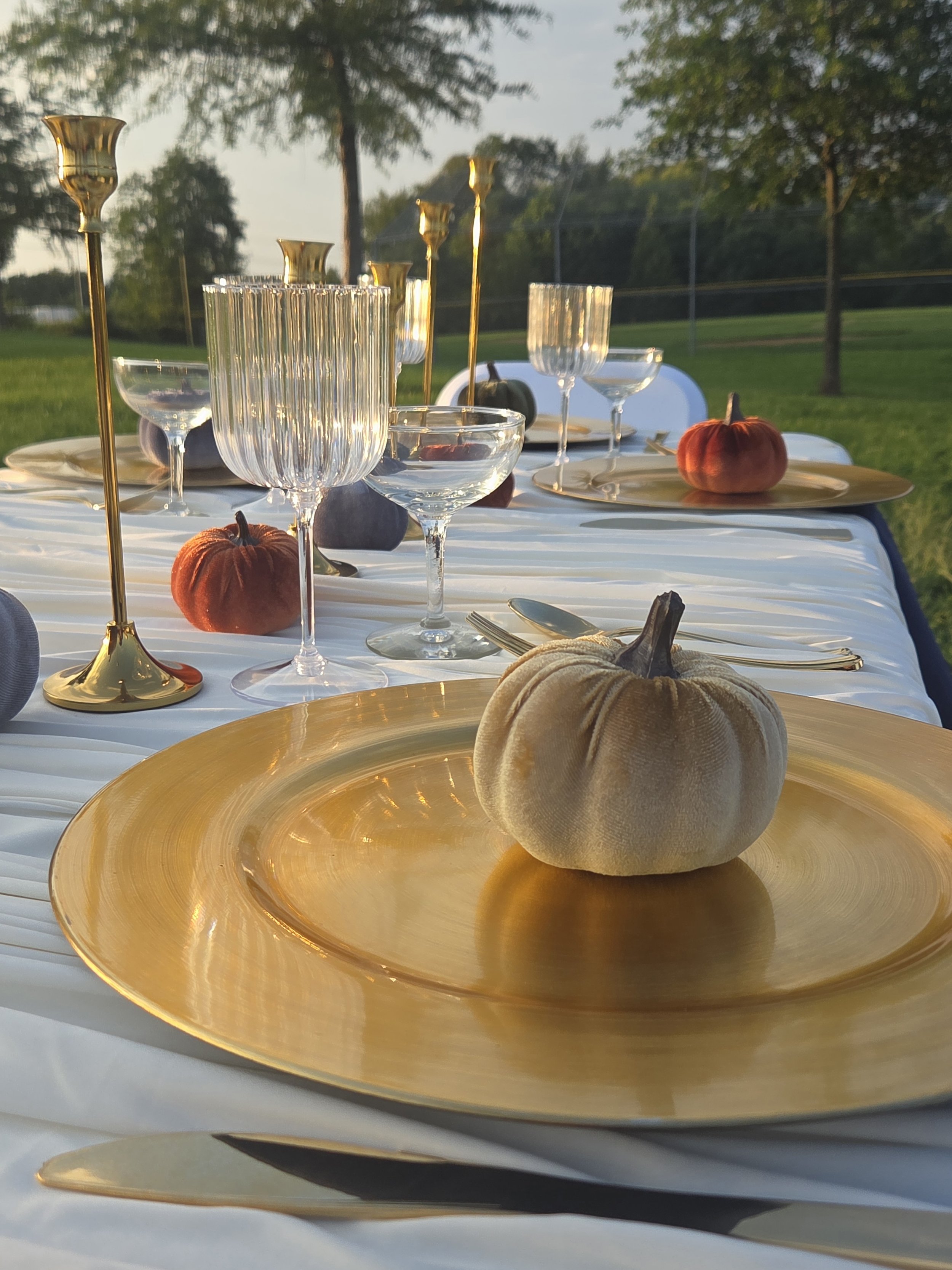 Table set for an outdoor meal with gold chargers, clear glassware, and small pumpkins for decoration, with trees and a sports field in the background.