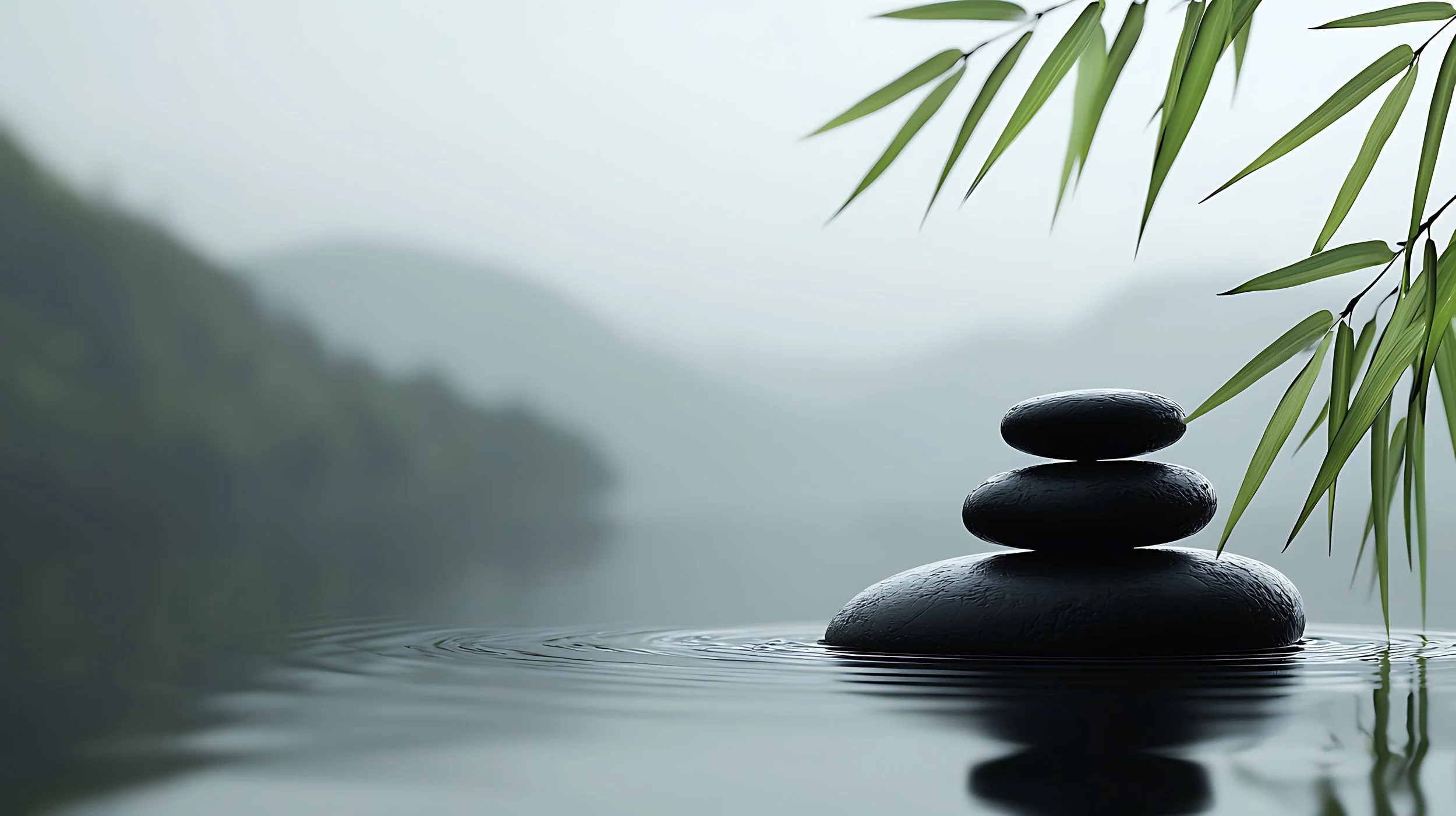 Smooth stacked stones in still water on a misty morning beside green bamboo leaves