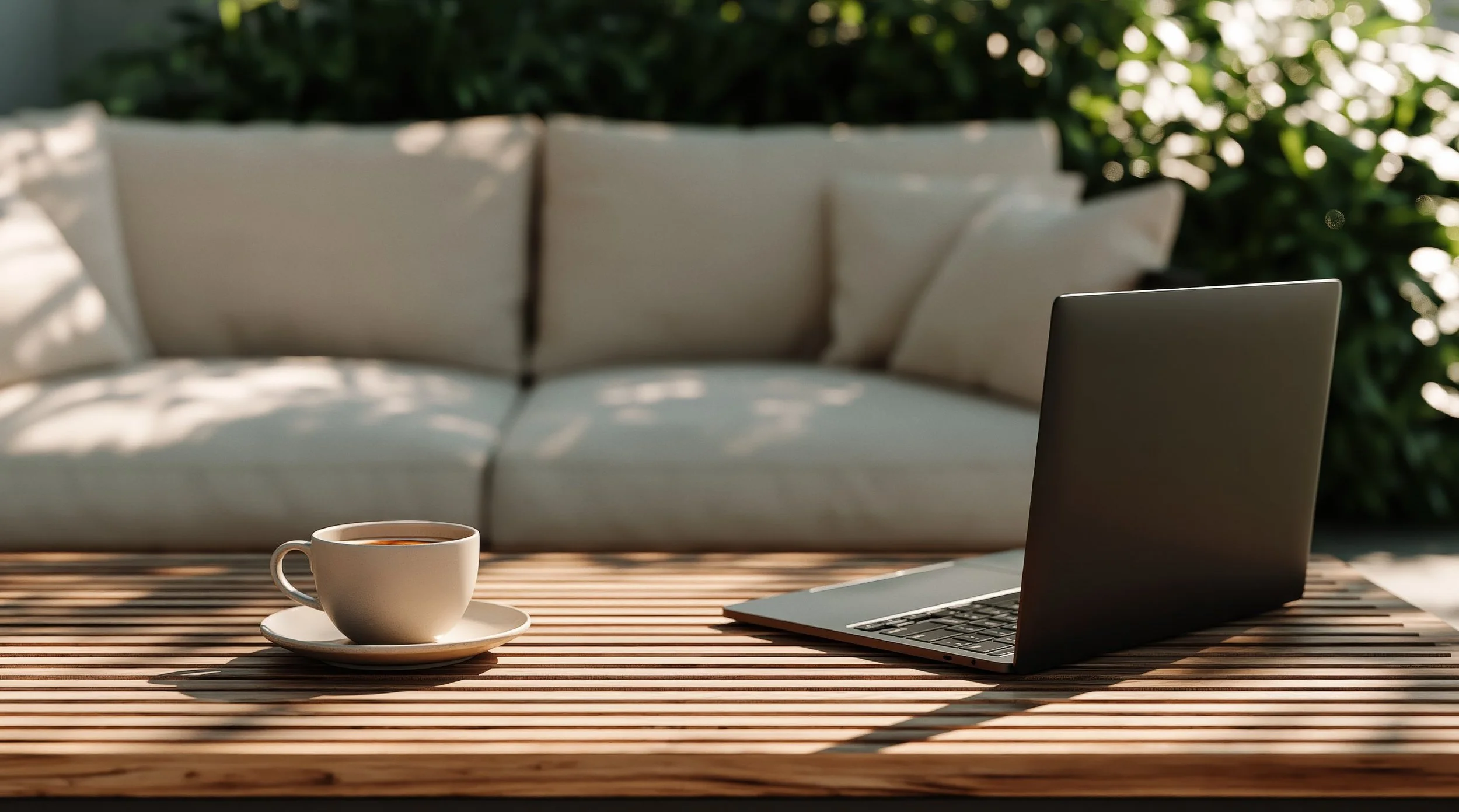 Cup of coffee and an open laptop on a sunlit wooden table in front of a cream sofa on a leafy patio