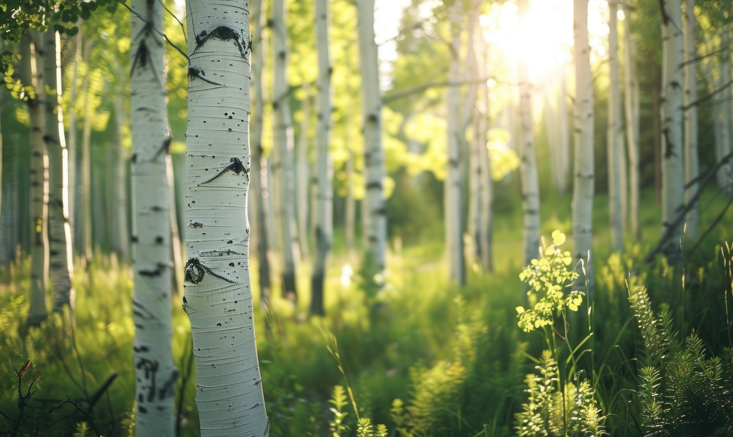 Birch grove in soft sunlight