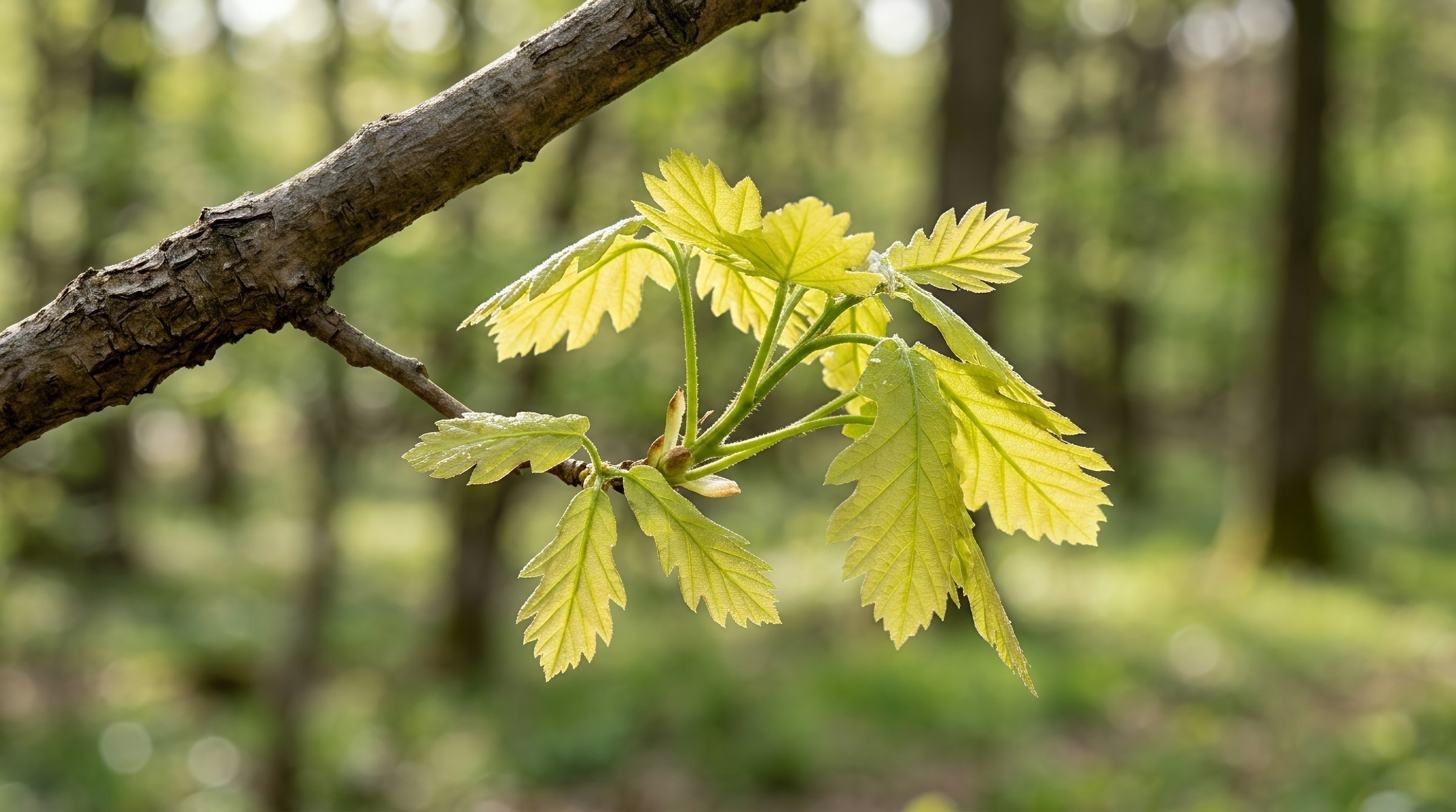 New oak leaves unfolding on a branch in soft spring light