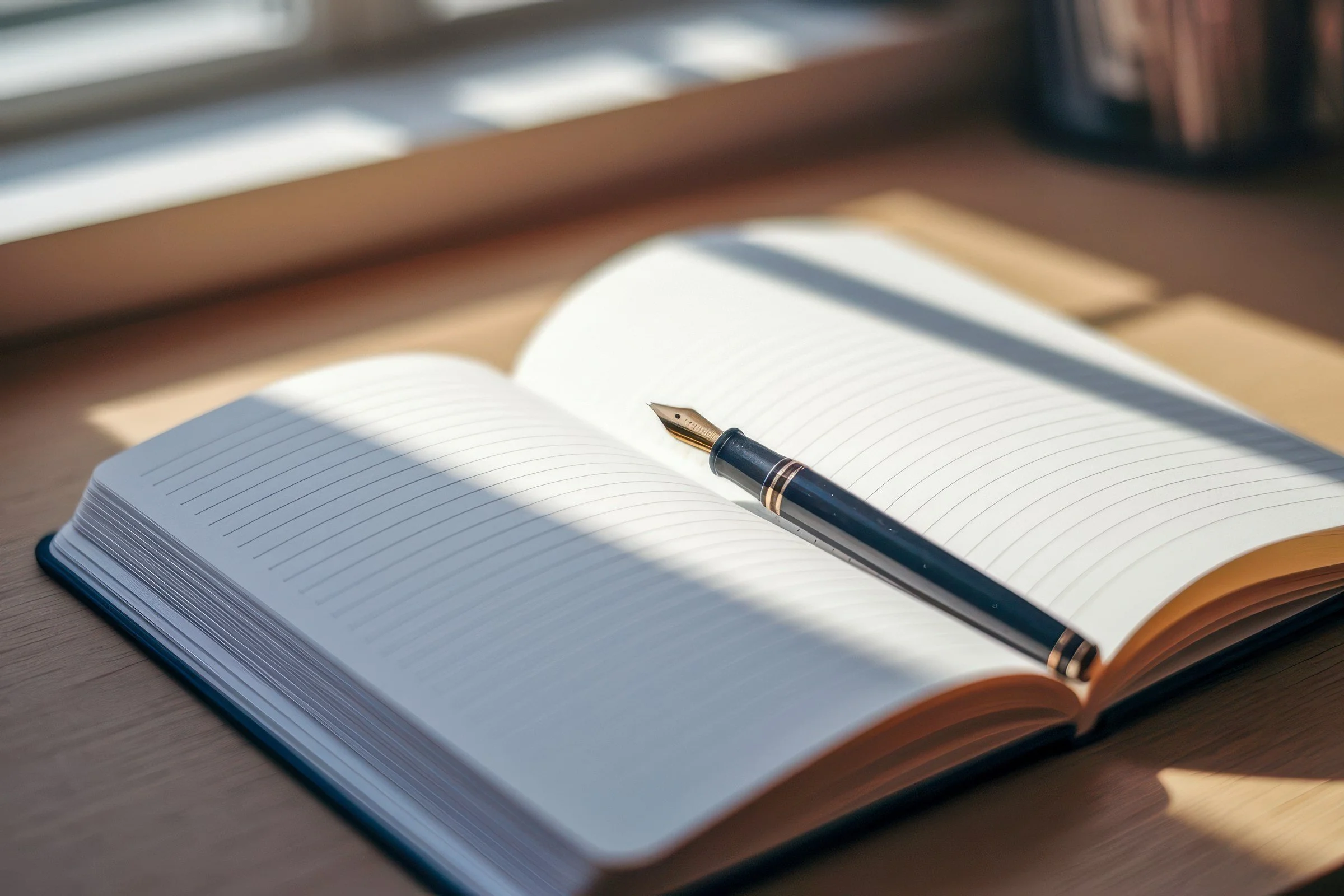 Open journal with a navy fountain pen on a sunlit wooden desk