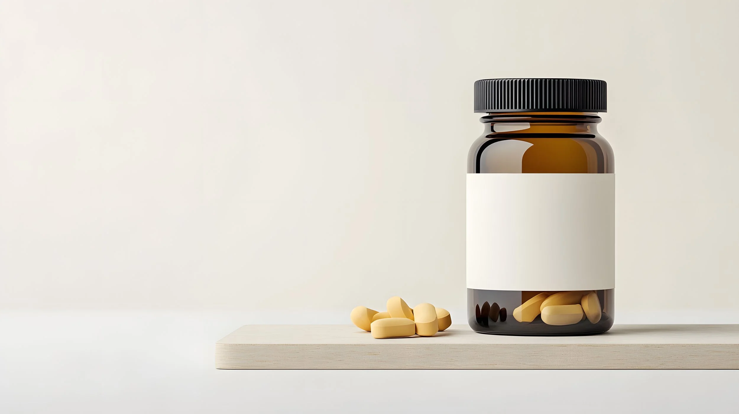 Amber medication bottle and capsules on a light stone tray