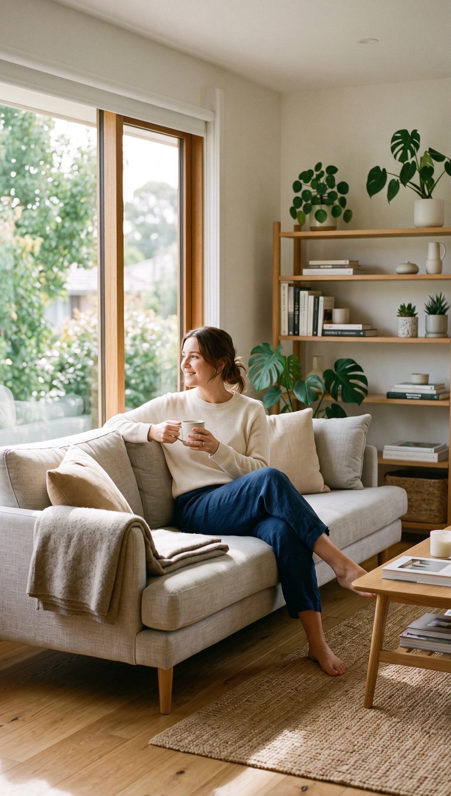 Woman relaxing on a sofa with a cup of coffee, looking out a sunny window at home