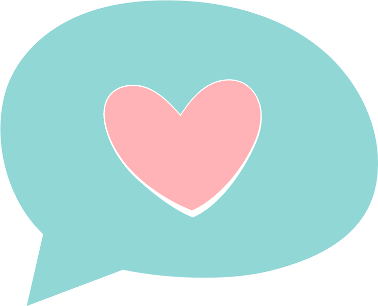 A blue speech bubble with a pink heart inside.