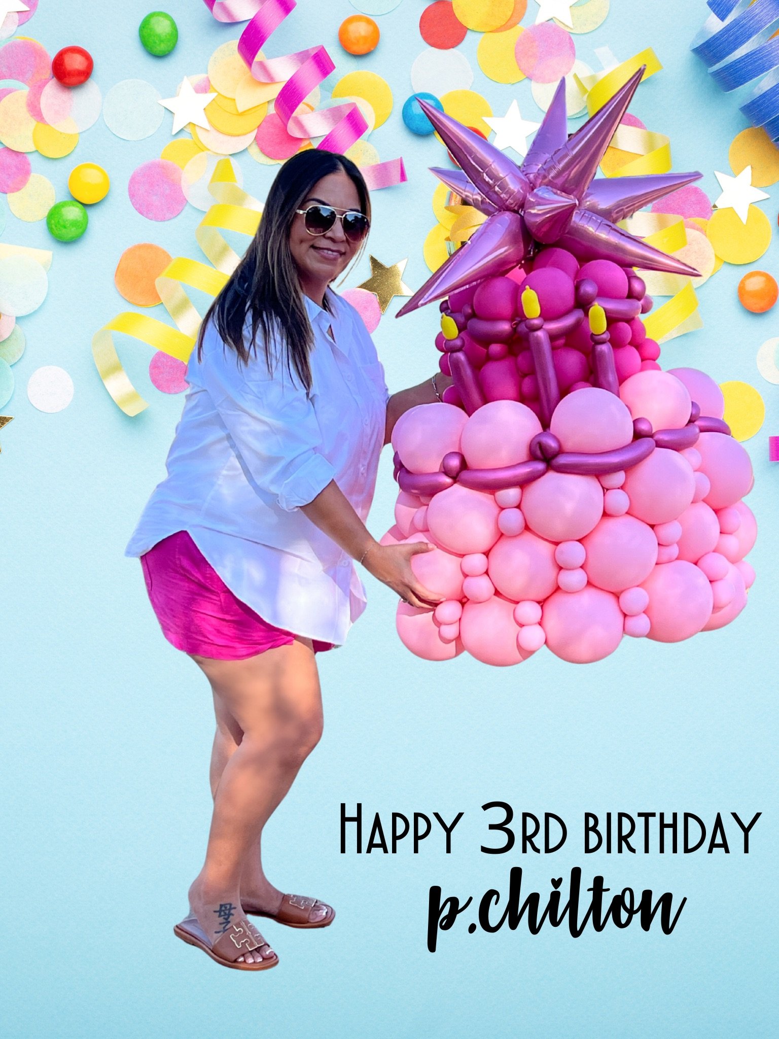 Woman holding a pink balloon sculpture in front of a colorful party background with confetti, ribbons, and stars. The image includes the text "HAPPY 3RD BIRTHDAY p.chilton."