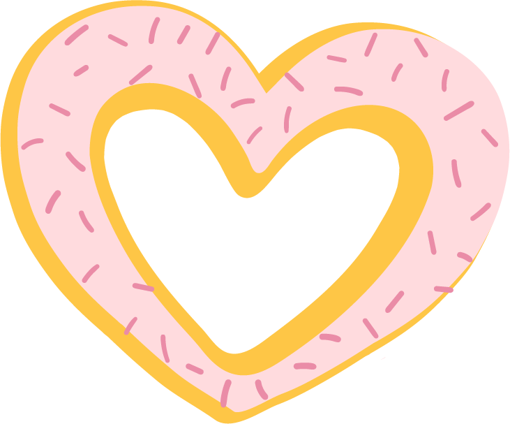 A heart shape designed as a pink frosted donut with sprinkles and a yellow outline.
