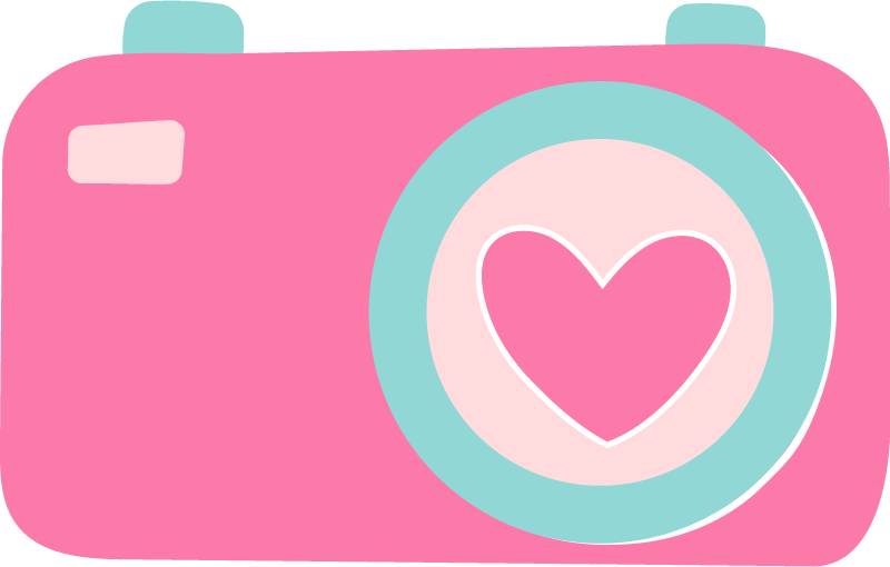 A pink digital camera with a heart inside a circle on the lens, and two small blue buttons on top.