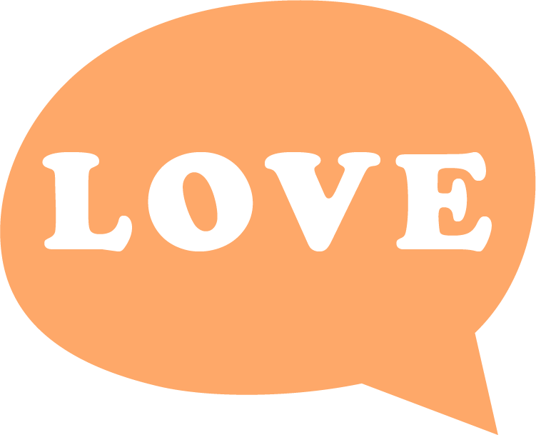 A speech bubble with the word 'LOVE' written in white uppercase letters on an orange background.