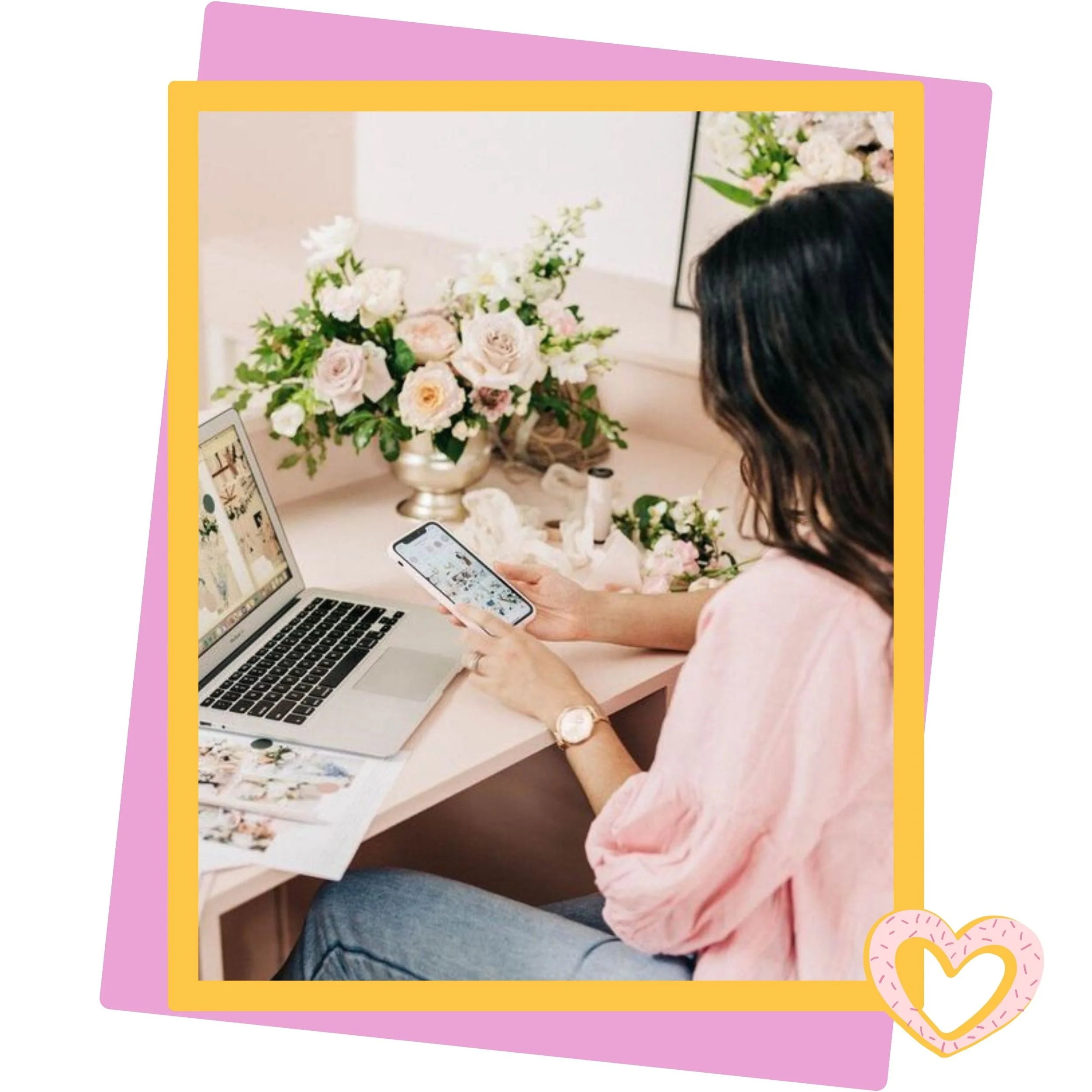 A woman with dark hair sitting at a table with a laptop and a smartphone, arranging a bouquet of pink and white flowers. There are decorative colorful frames and hearts in the overlay.