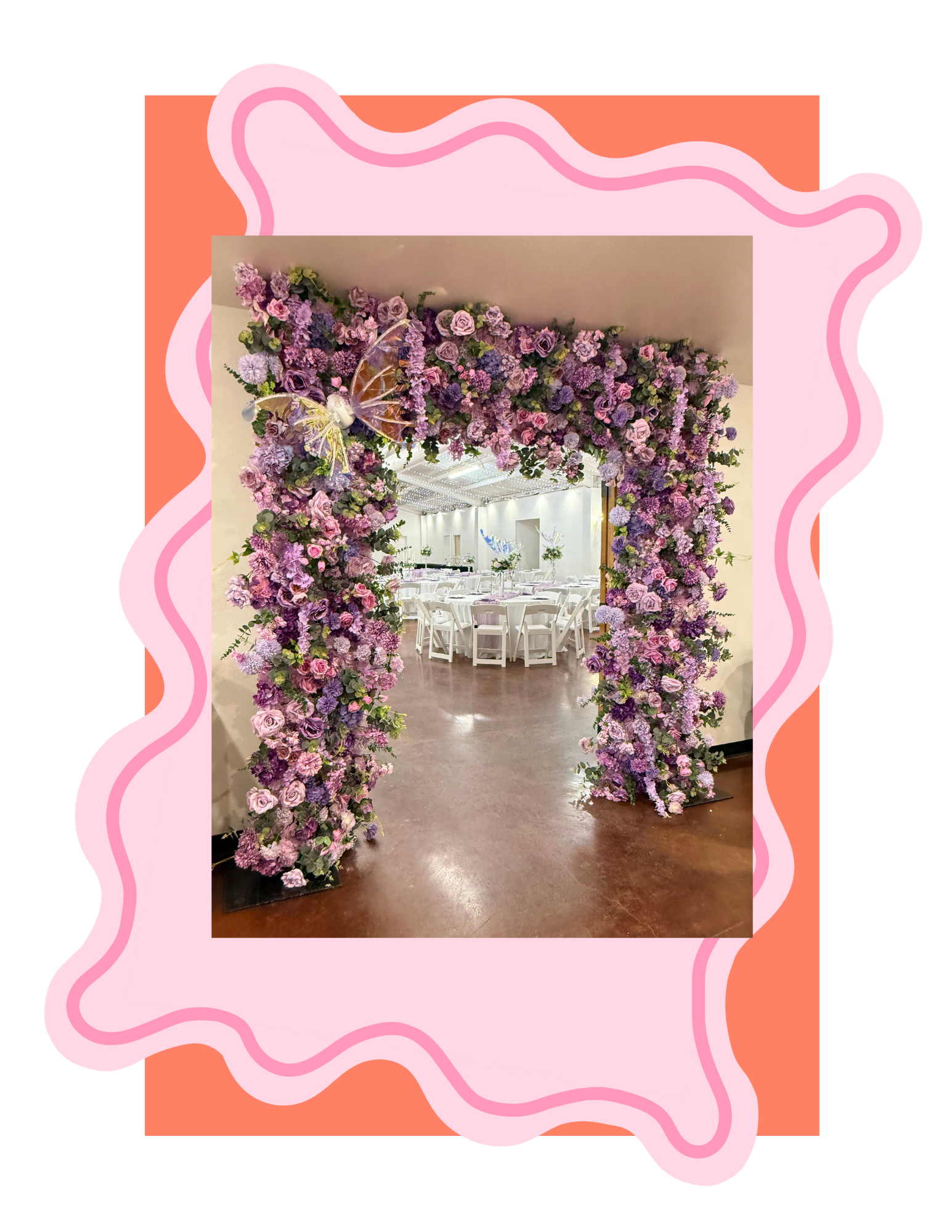 An archway decorated with purple and pink flowers and a butterfly decoration at the top, leading into a room with white chairs and a floral centerpiece.