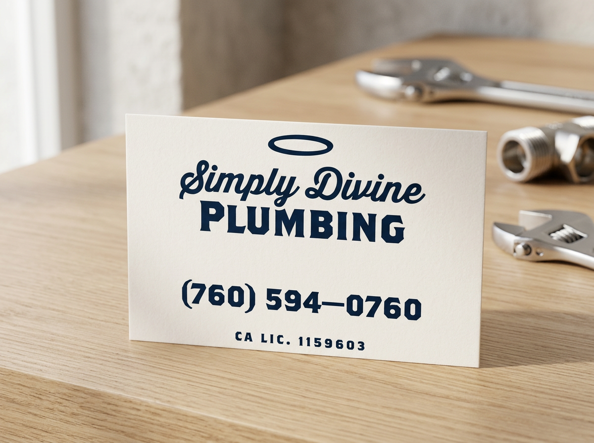 Business card for Simply Divine Plumbing with a phone number and license number, placed on a wooden surface with plumbing tools in the background.