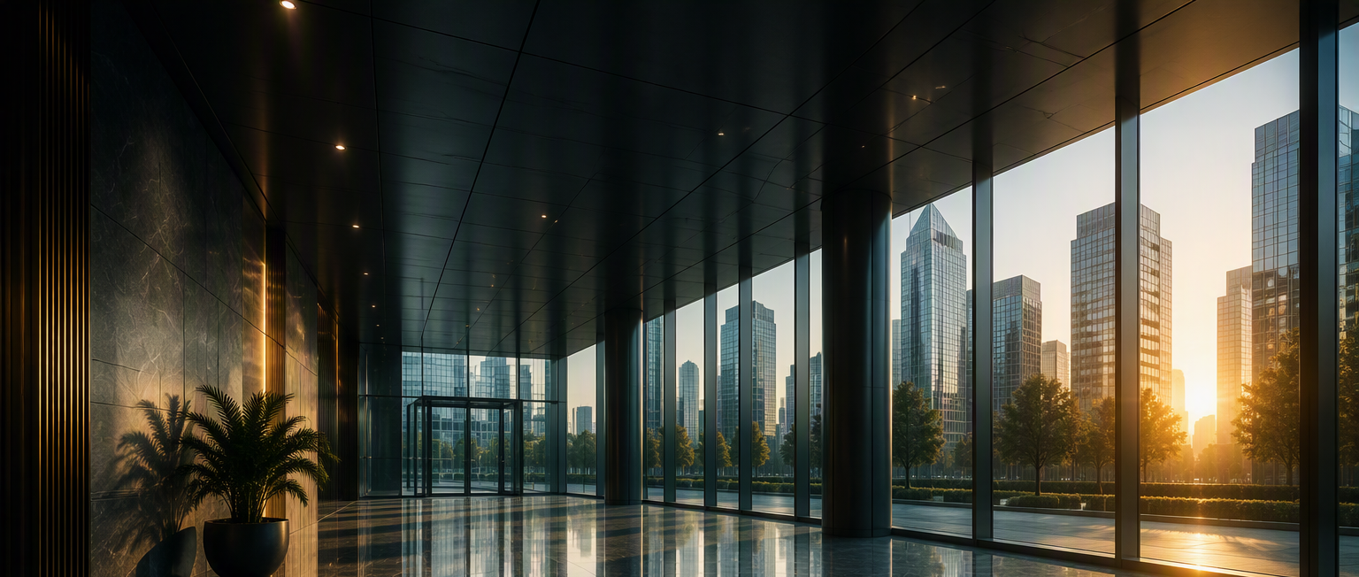 Modern building lobby with floor-to-ceiling windows, city skyline, and sunset view.