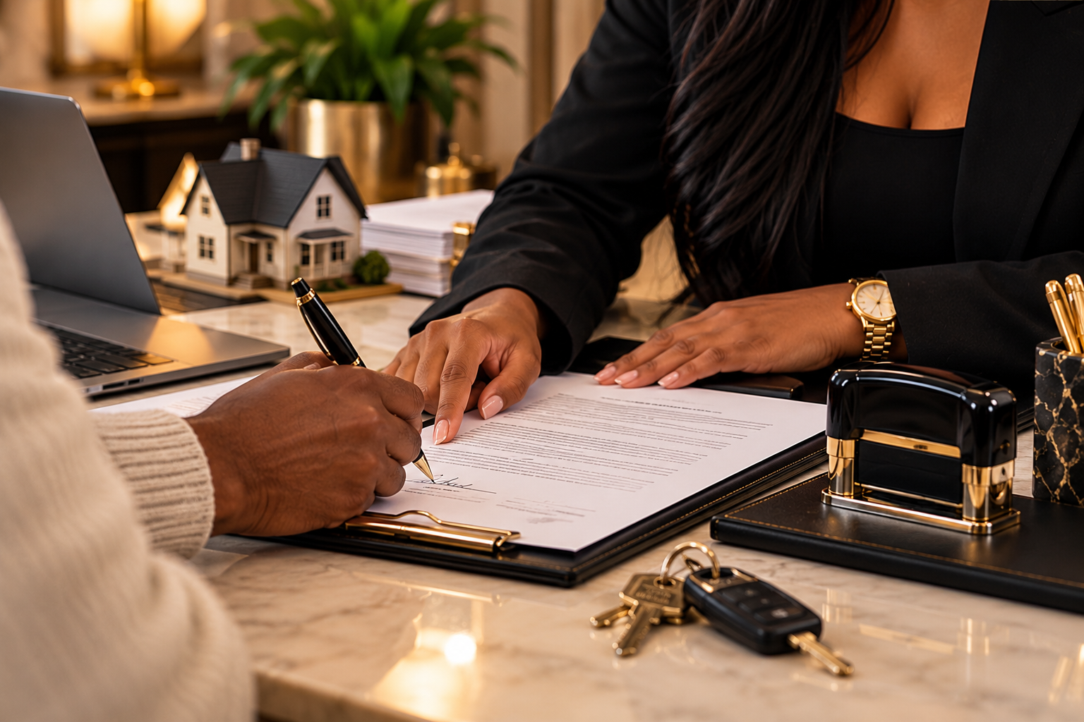 A person signing a document at a real estate office with a woman pointing at the document, keys and office supplies on the table, a model house, a laptop, and decorative objects in the background.