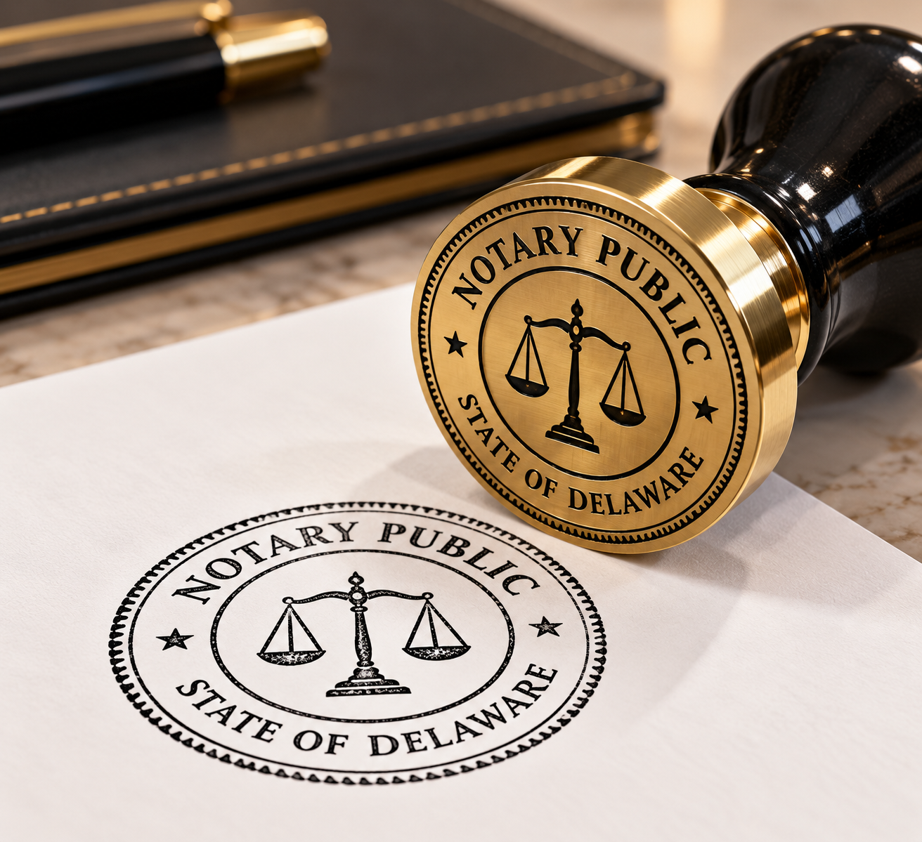 A gold and black notary public stamp with the seal of the State of Delaware, showing a balanced scale inside a circle, resting on a piece of paper with the same seal stamped on it.