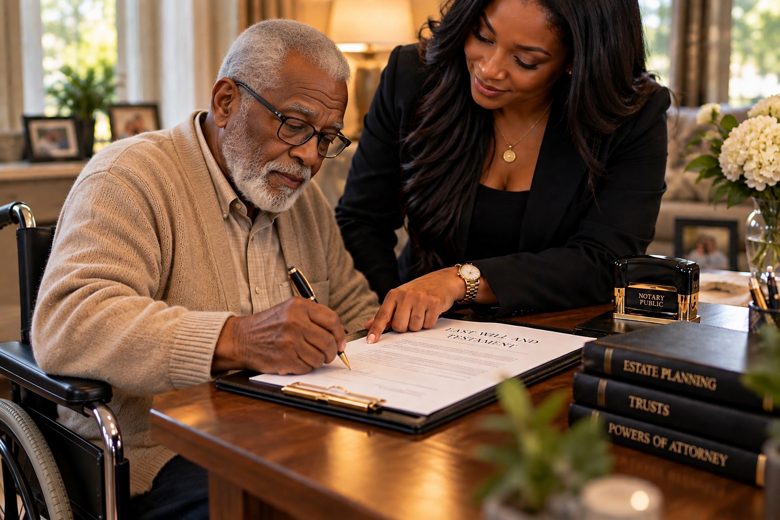 An elderly man in a wheelchair signs a legal document with a woman assisting him, in a cozy, well-lit room with family photos and flowers in the background.