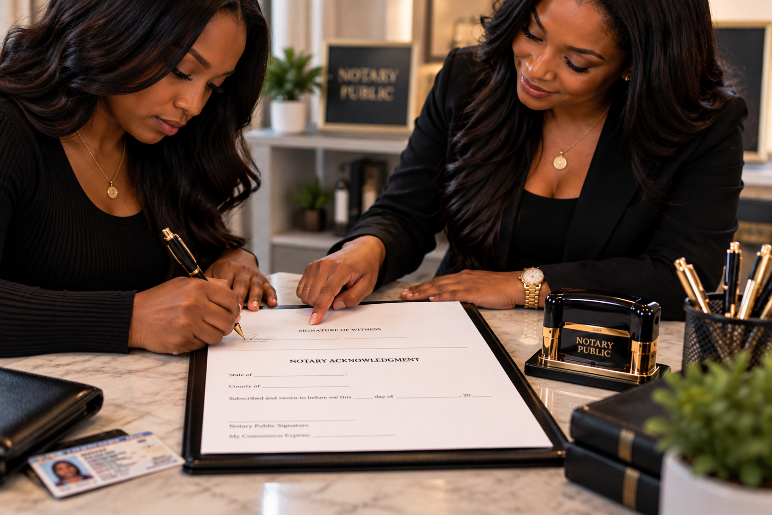 Two women in black professional attire signing a document at a desk, with a notary public stamp and an ID card visible, in a modern office setting.