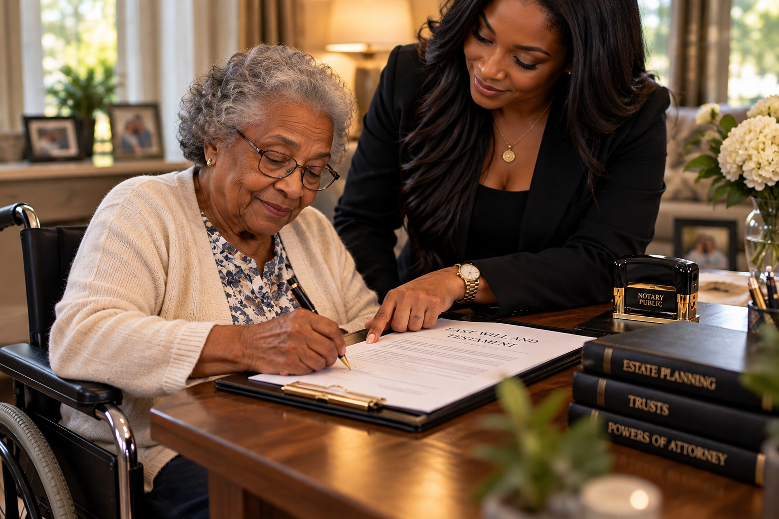 An elderly woman in a wheelchair signing a legal document while a younger woman in professional attire assists her and points to the document, seated at a wooden table with legal books and notary seal.