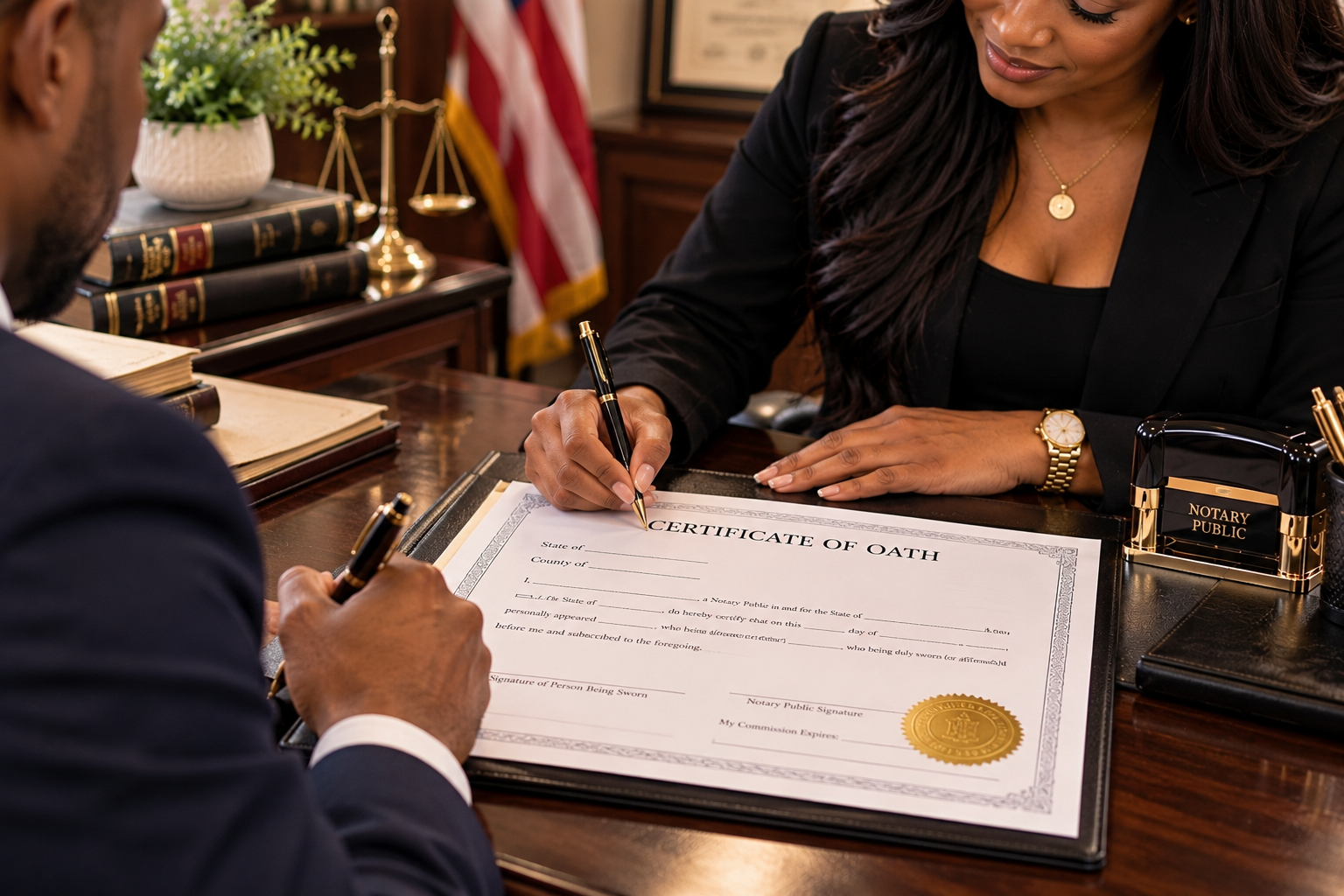A woman is signing a Certificate of Oath at a desk with a man. The desk has legal books, a notary public stamp, and a pen. The woman is wearing a black blazer, gold watch, and necklace, and there is an American flag in the background.