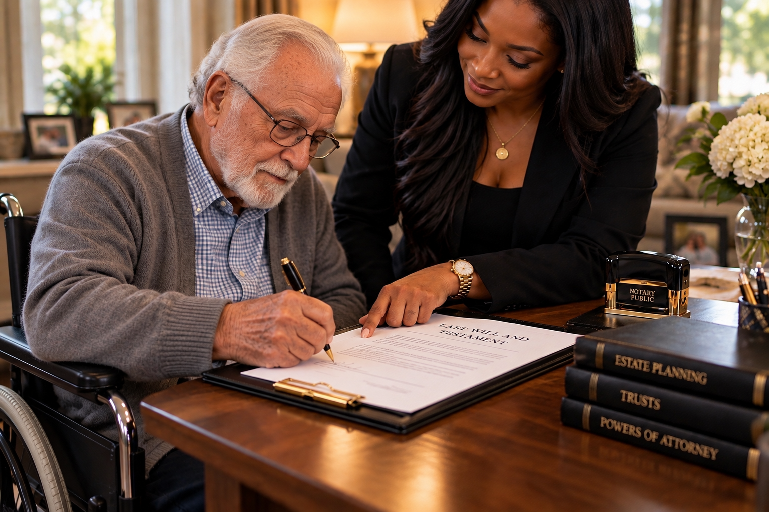 An elderly man in a wheelchair signing a legal document, with a woman leaning over and pointing to the document, in a well-lit room with a table, books titled 'Estate Planning,' 'Trusts,' and 'Powers of Attorney,' and a vase of white flowers.
