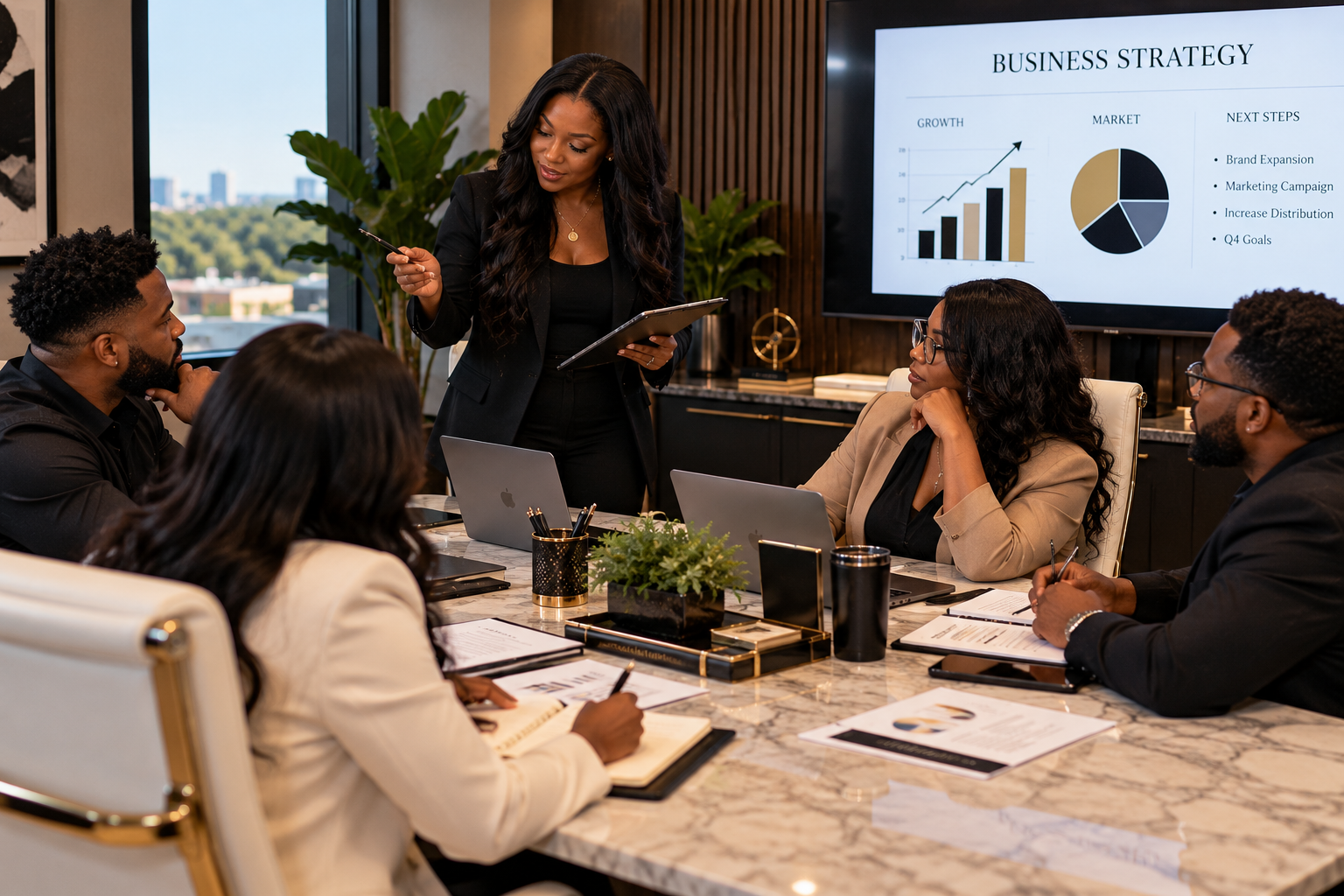 A diverse business team in a meeting room reviewing a large screen displaying a business strategy presentation with graphs and pie charts.