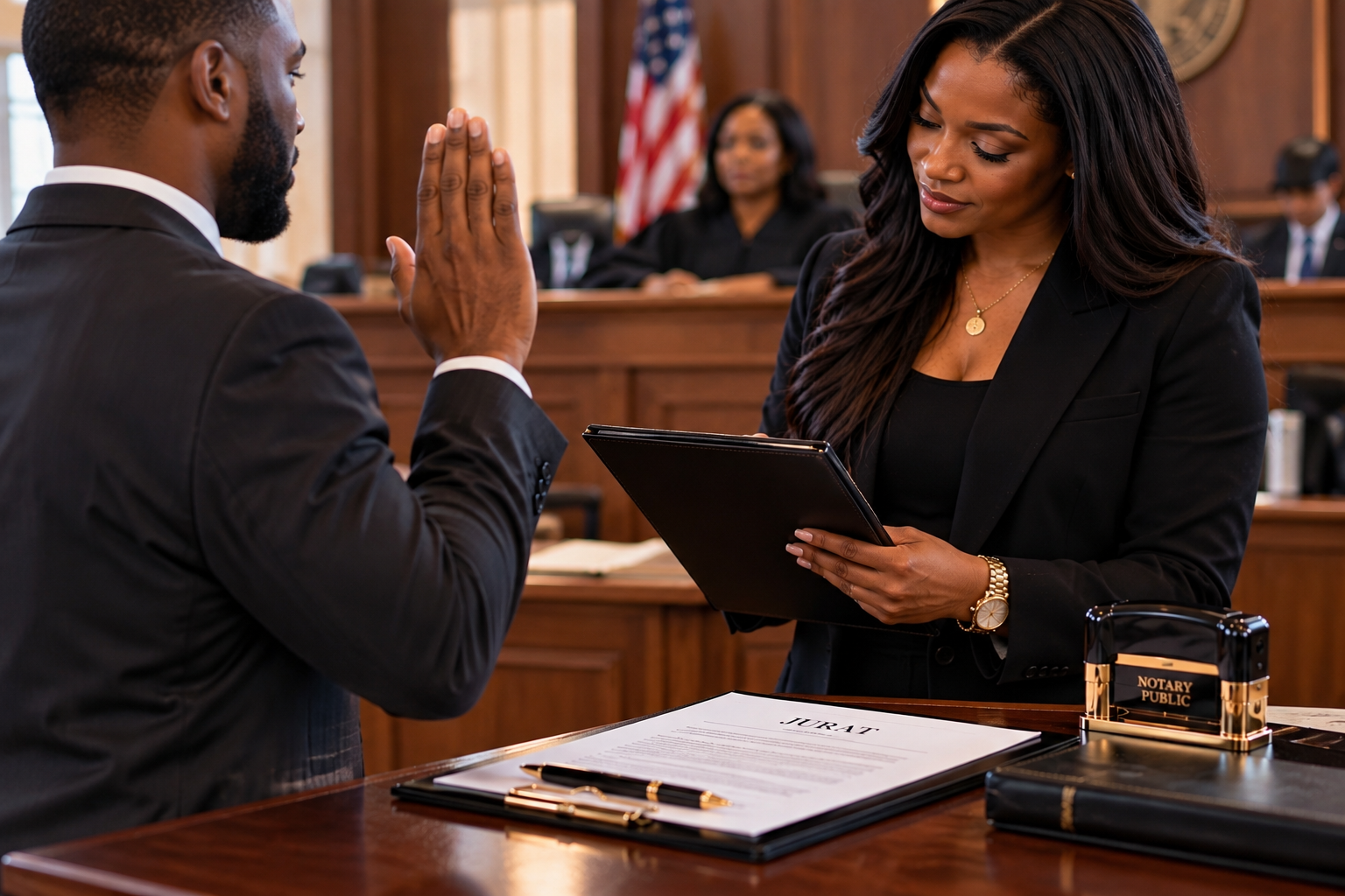 A woman taking an oath with her hand raised, swearing in a man in a courtroom. The woman is holding a certificate or document, and the desk has legal papers and a rubber stamp labeled 'Notary Public'.