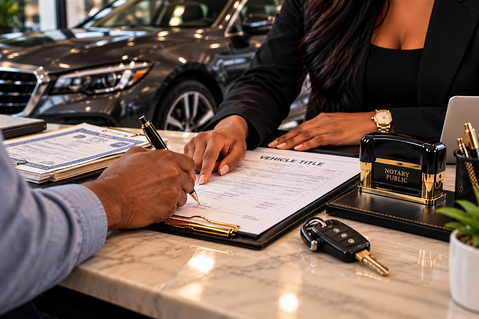 Person signing vehicle ownership documents at a dealership with cars in the background.