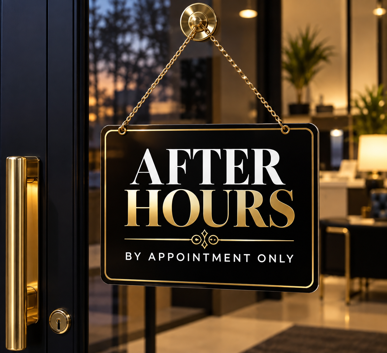 Sign on a door that reads "After Hours by appointment only" with a black background and gold lettering, hanging by a chain.