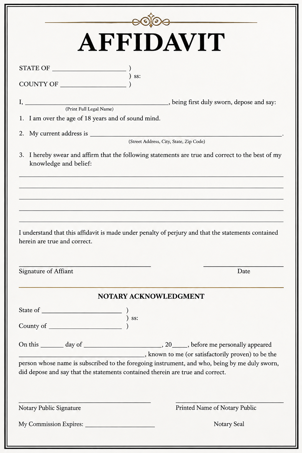 A blank affidavit form titled 'AFFIDAVIT' with spaces for state, county, name, address, statements, signature, date, and notary acknowledgment details. It has decorative borders and a gold flourish at the top.