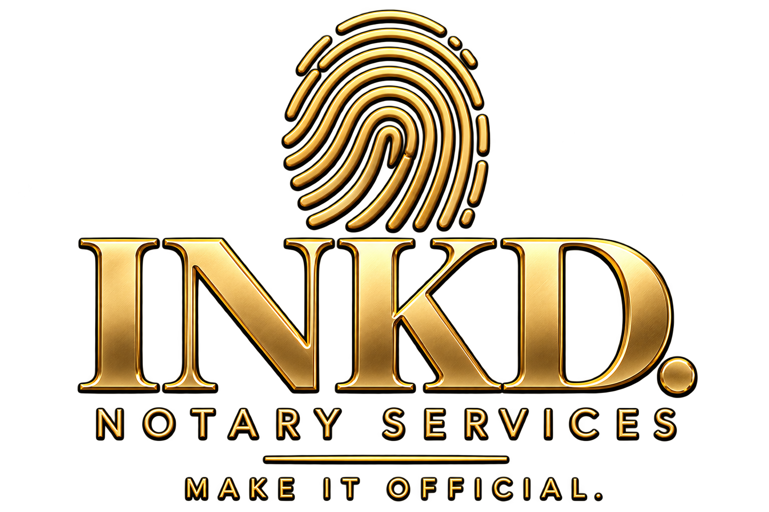 Gold and black logo for 'INKD' Notary Services with a fingerprint icon, including the tagline 'Make it official.'