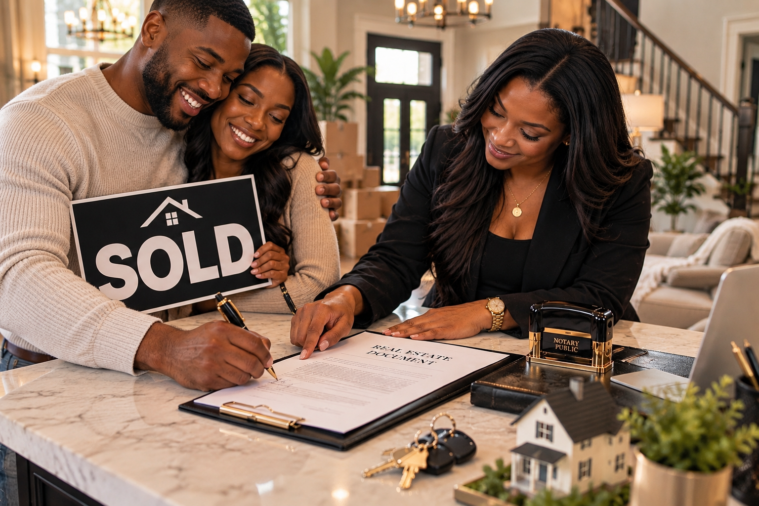 A smiling couple with a sold sign in a real estate office, signing closing documents with a female real estate agent, notary public stamp, house model, keys, and office decor visible.
