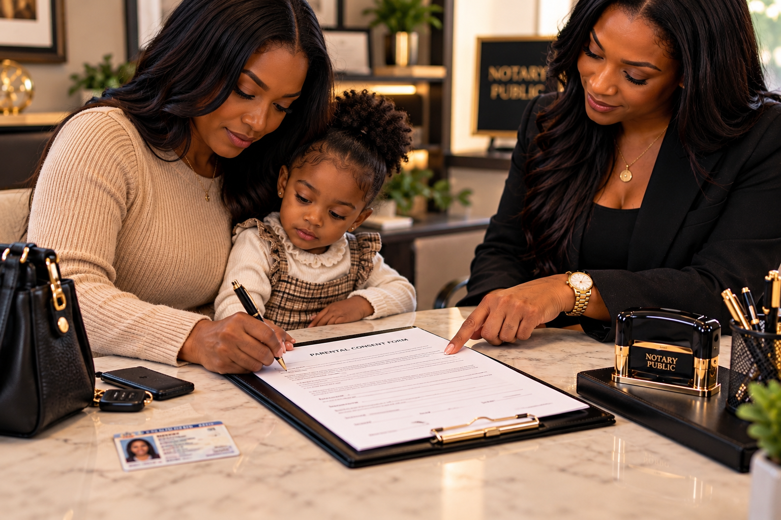 A woman helps a little girl sign a parental consent form while another woman, likely a notarist, points at the paper in an office setting, with ID badge and notary public stamp visible on desk.