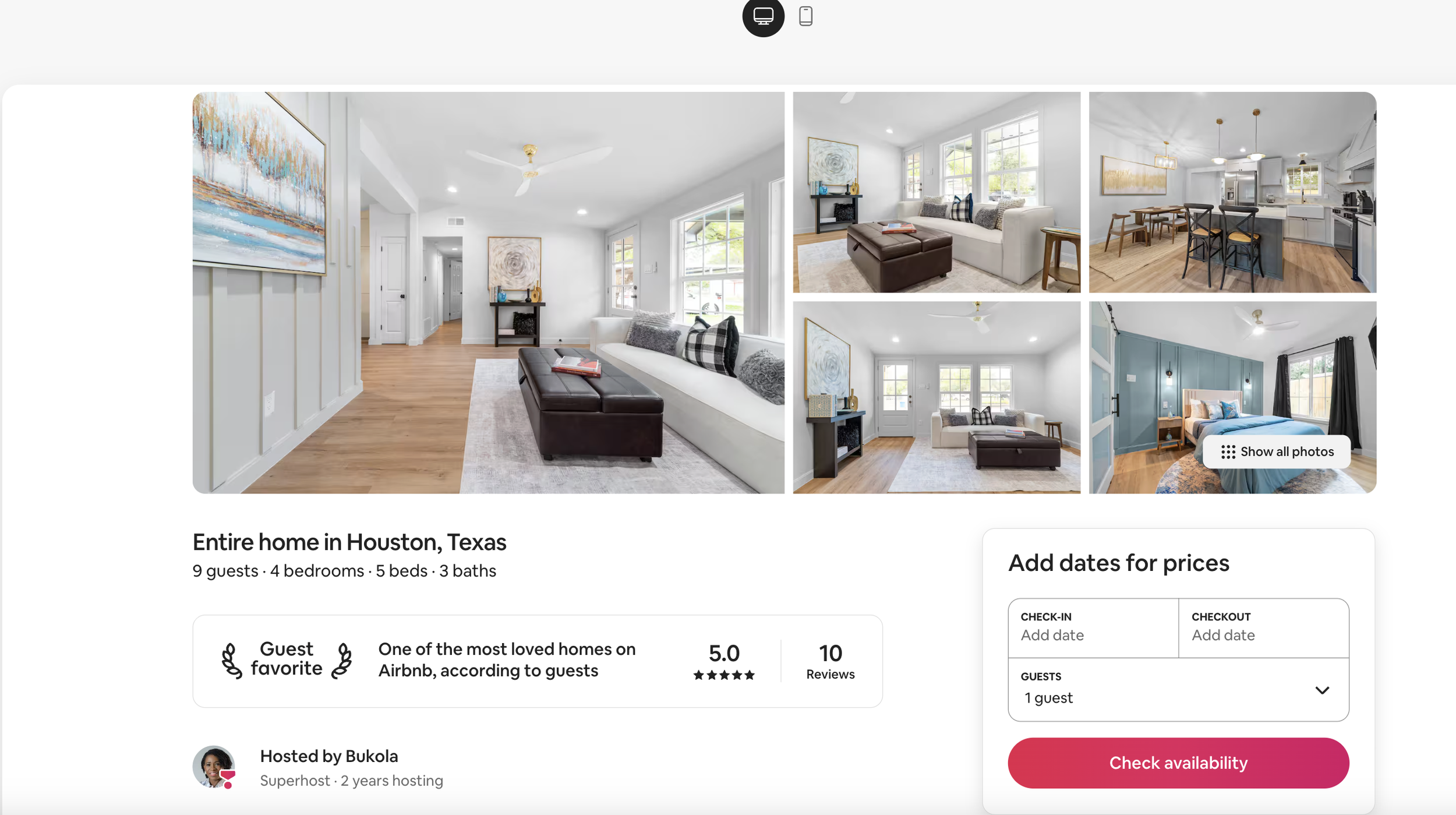 Photo of a house listing showing images of a living room, dining area, and bedroom, with details about the home in Houston, Texas, including 4 bedrooms, 5 beds, 3 baths, and space for 9 guests.