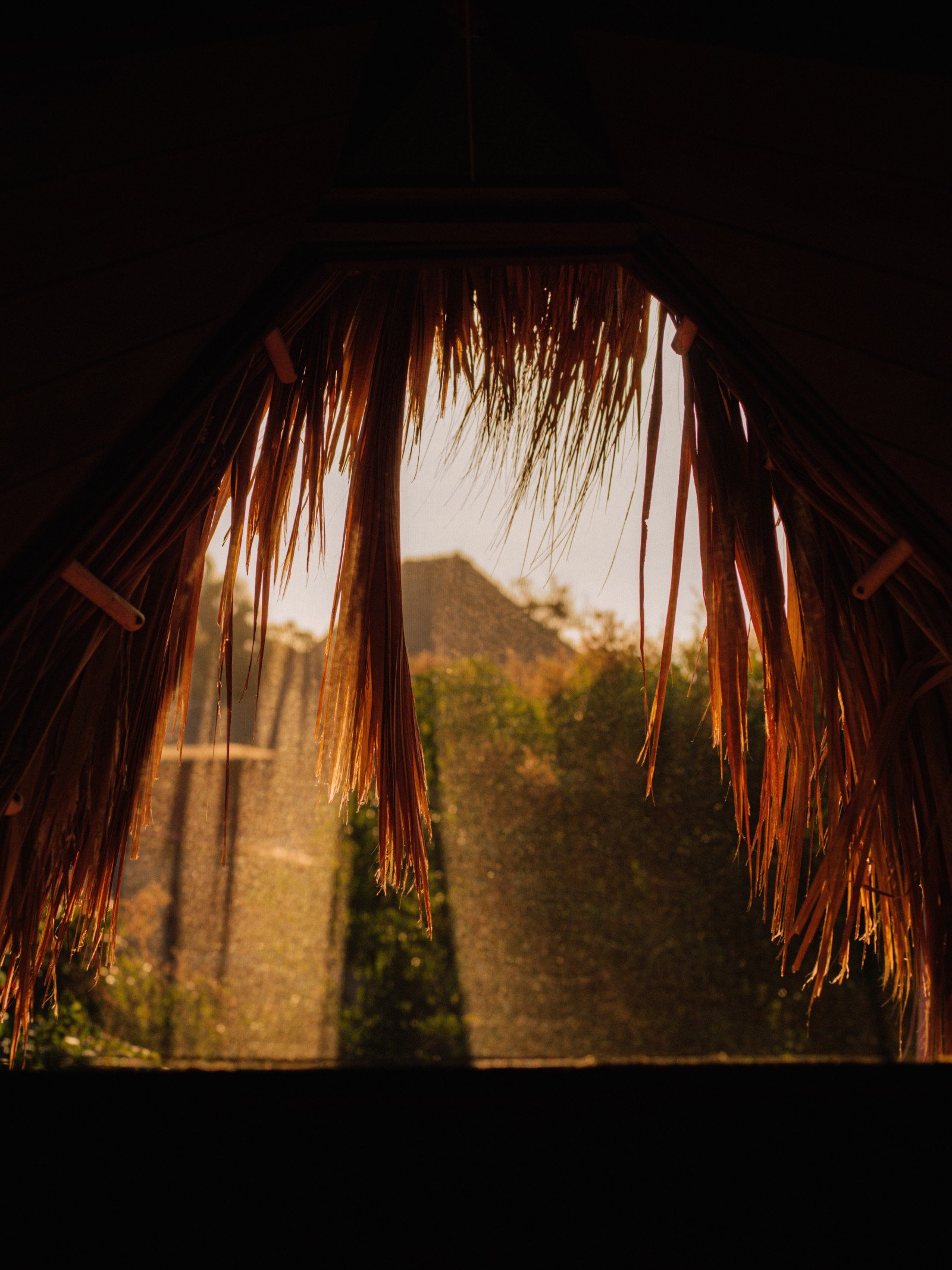 Looking out from a thatched-roof bure with trees in the distance at sunset.