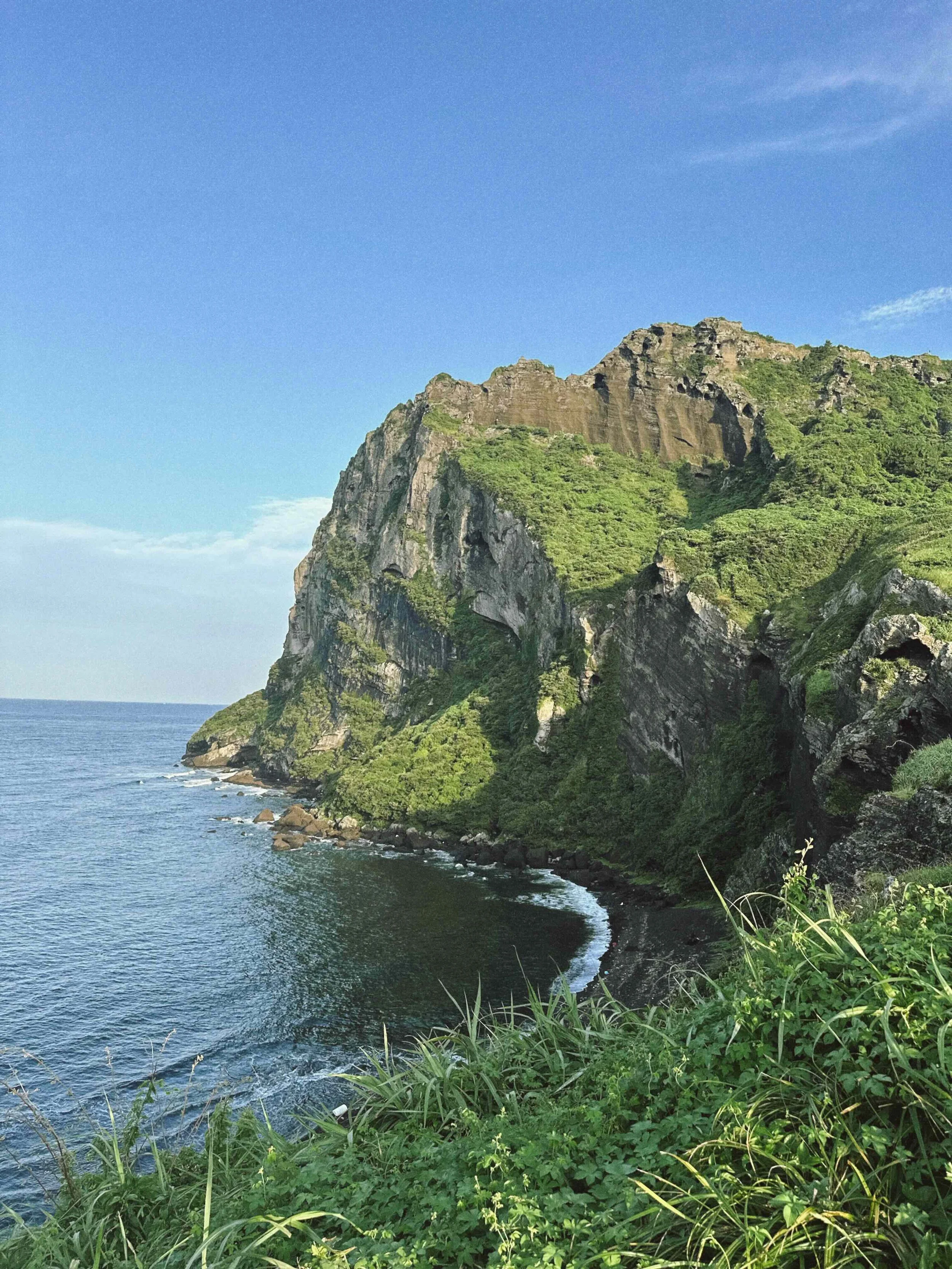 Cliffs overlooking the ocean with green vegetation at the base and blue sky above. Jeju Island