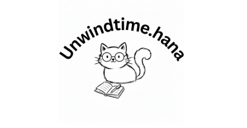 猫が眼鏡をかけて座り、開いた本のそばにいるイラストと、「Unwindtime.hana」という文字。