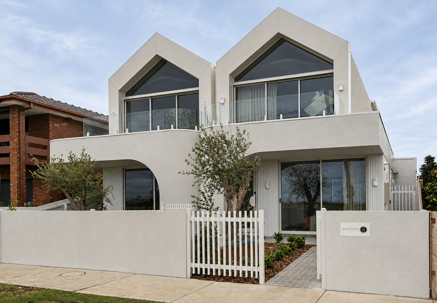 Modern white two-story house with curved balcony and large windows, surrounded by a white fence with a gate, bushes, and trees in front.