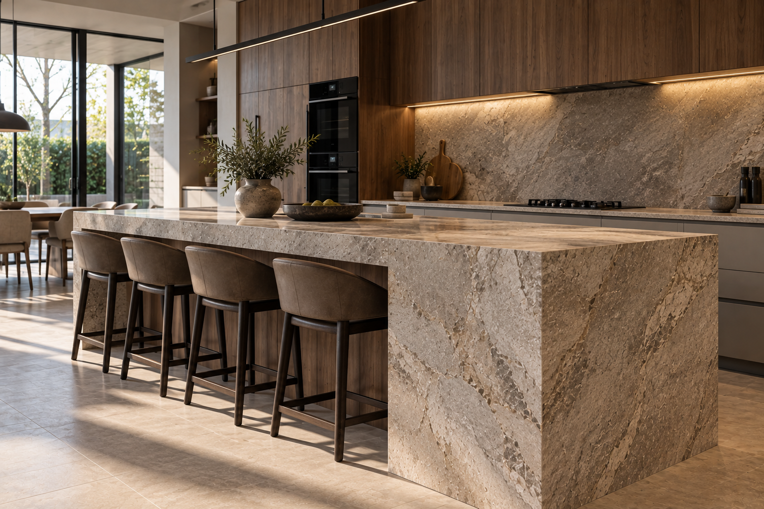 Modern kitchen with large stone island, wooden cabinetry, and a backsplash. Sunlit space with black and beige accents, and decorative plants.
