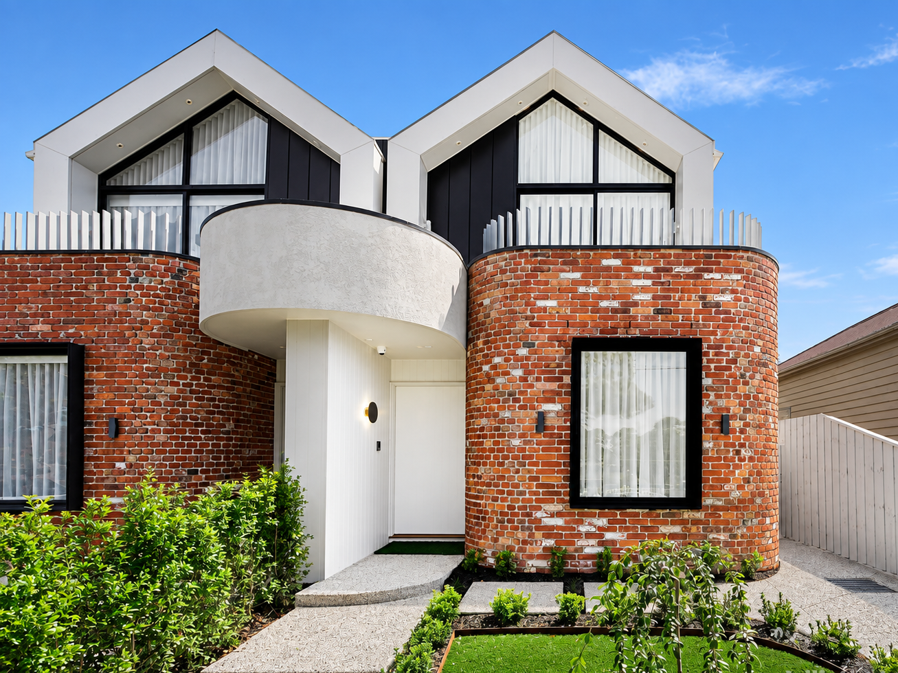 Modern two-story house with brick and white exterior, large windows, landscaped front yard, and blue sky.
