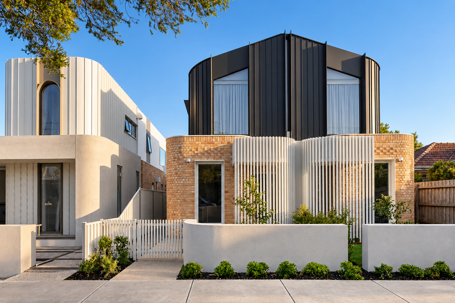 Modern multi-tone residential building with a combination of brick, black metal siding, and white panels, featuring large windows, small landscaped front yard, and a white picket fence.
