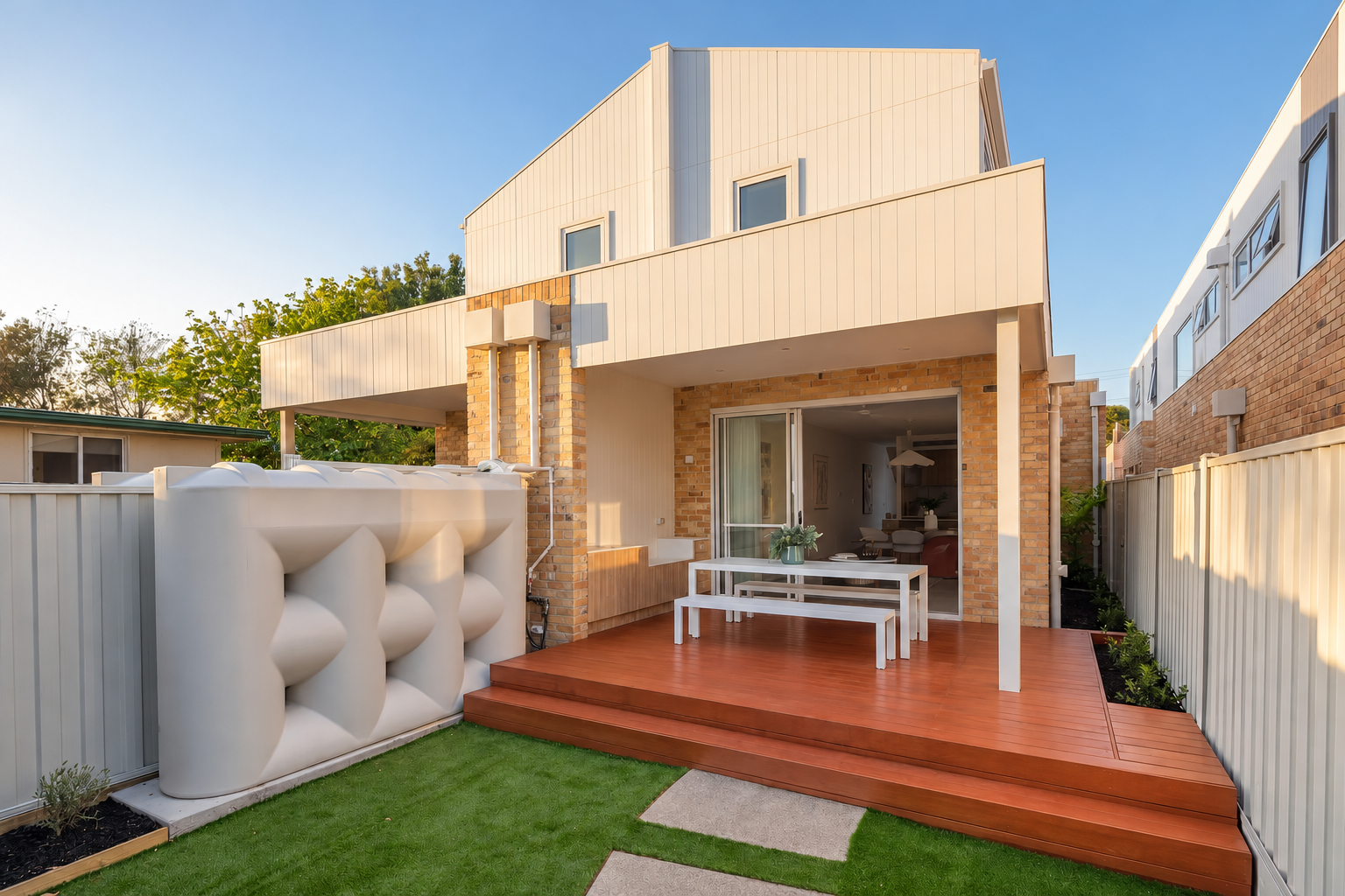 Modern backyard patio with wooden deck, white tables, and a white decorative wall, enclosed by a white fence, with a multi-story house with brick and white paneling in the background.