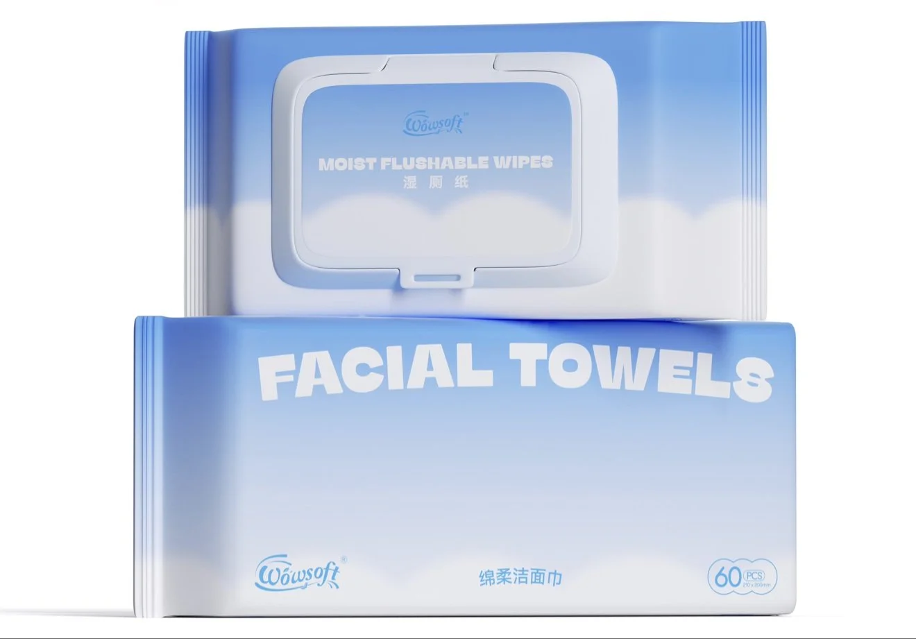 A complete pack of WOWSOFT Moist Flushable Wipes stacked above a complete pack of WOWSOFT Facial Towels